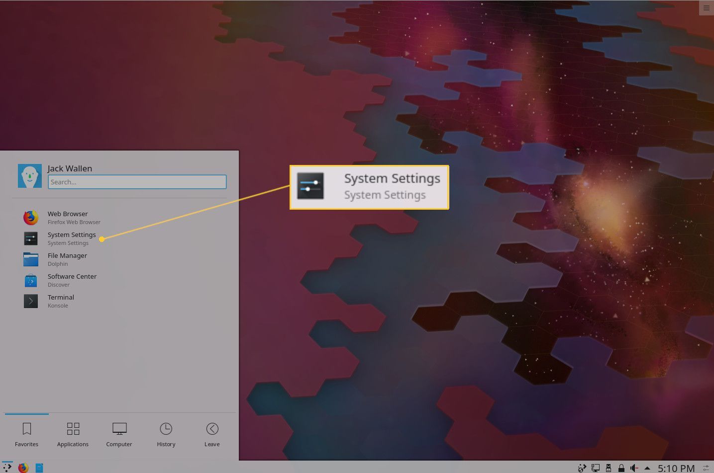 Скриншот меню KDE Plasma.