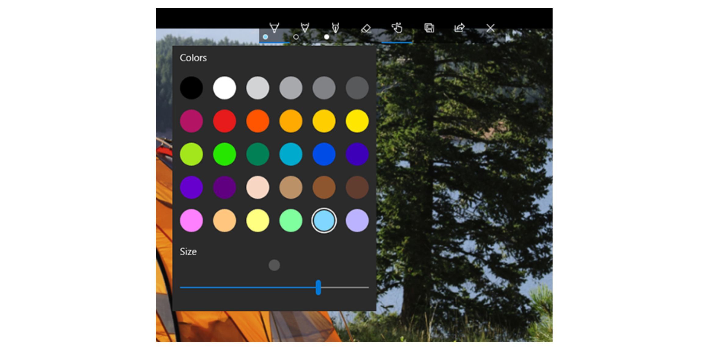 Снимок экрана: текстовый инструмент Microsoft Photos с цветовой палитрой