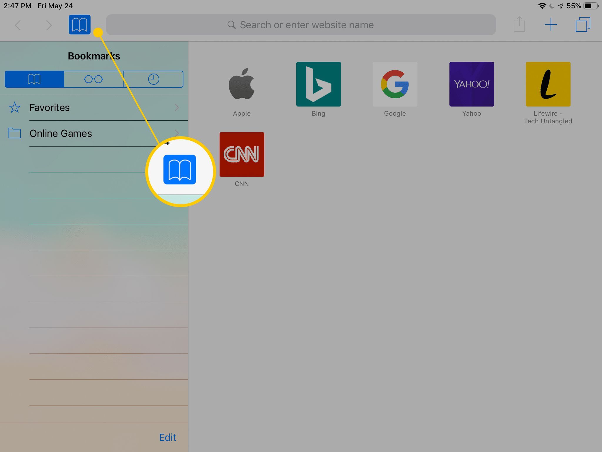 Кнопка закладок в Safari для iPad