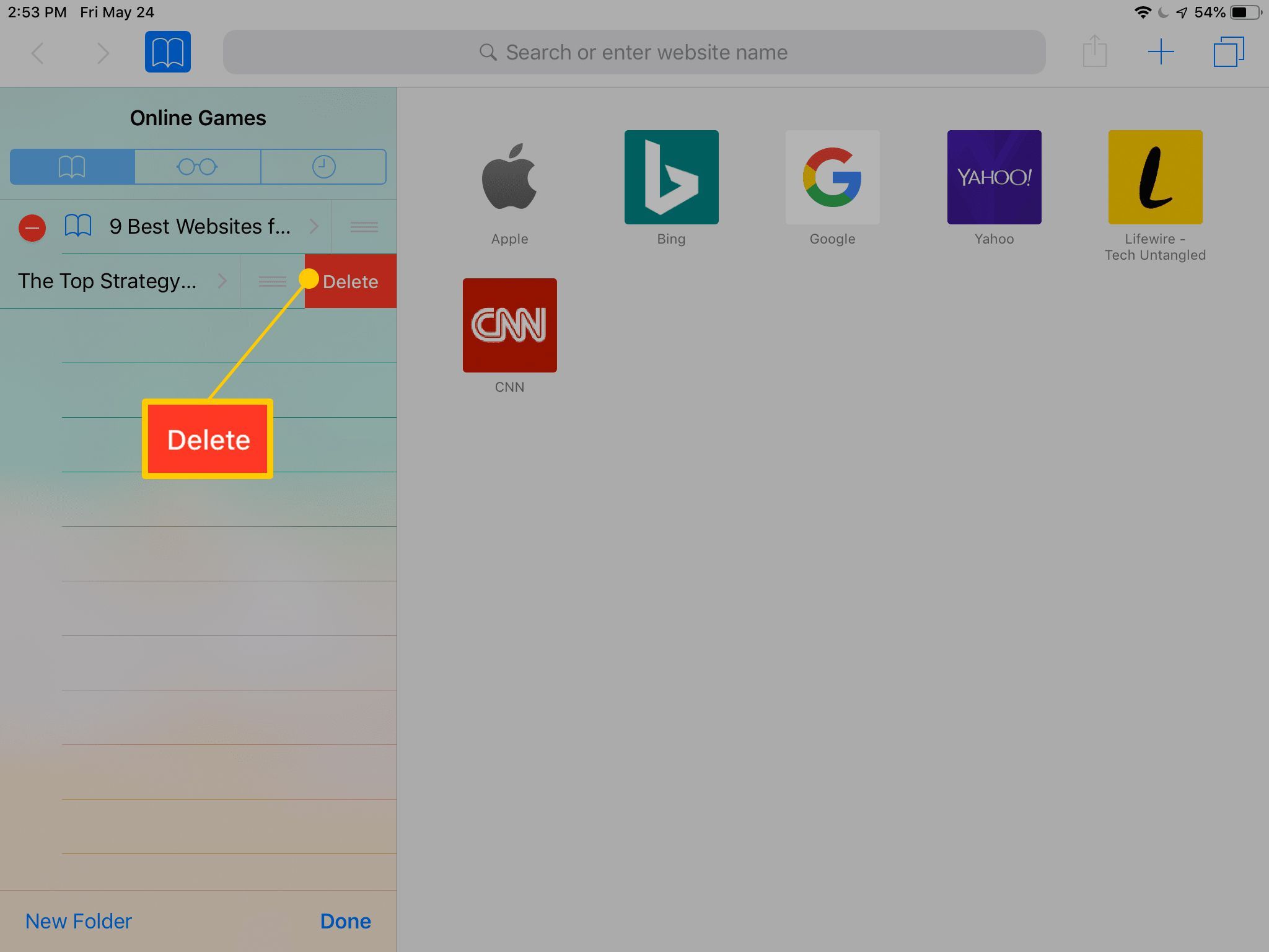 Кнопка «Удалить» для закладок в Safari для iPad