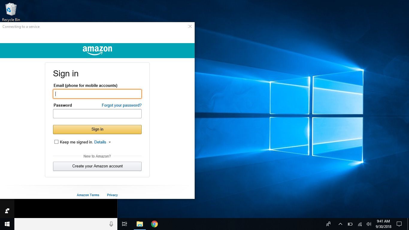 Снимок экрана входа в систему Amazon в Кортане