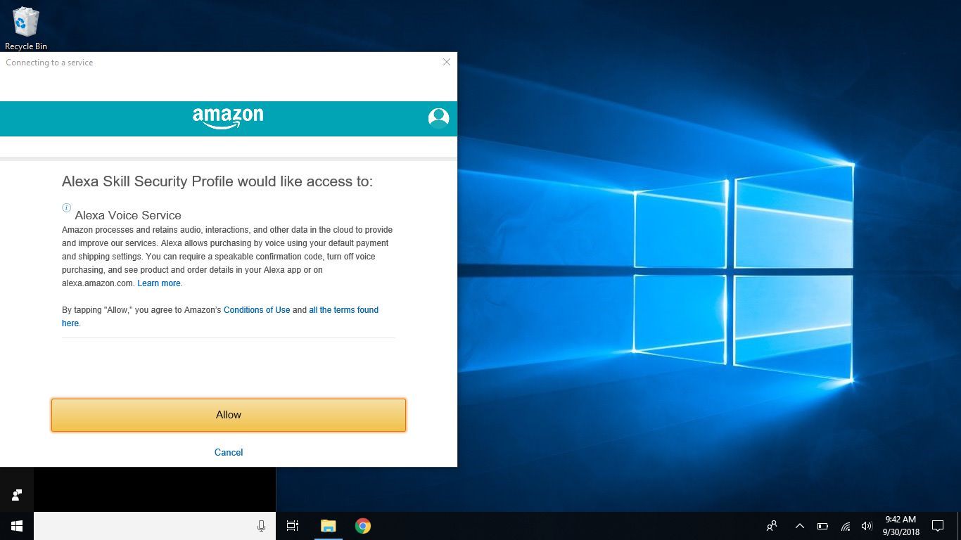Снимок экрана Windows показывает запрашиваемые разрешения службы Alexa Voice.