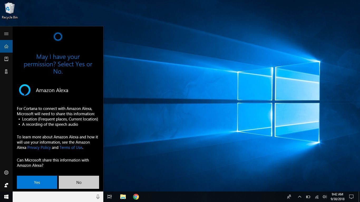 Снимок экрана Windows, который запрашивает разрешение Microsoft на обмен информацией с Amazon Alexa.