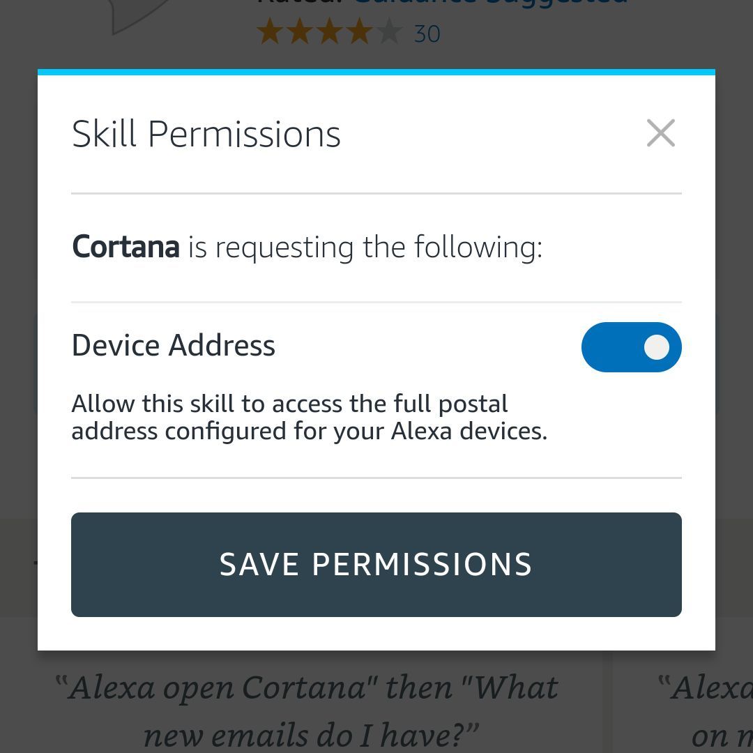 Cortana запрашивает разрешения для скриншота в приложении Alexa Android