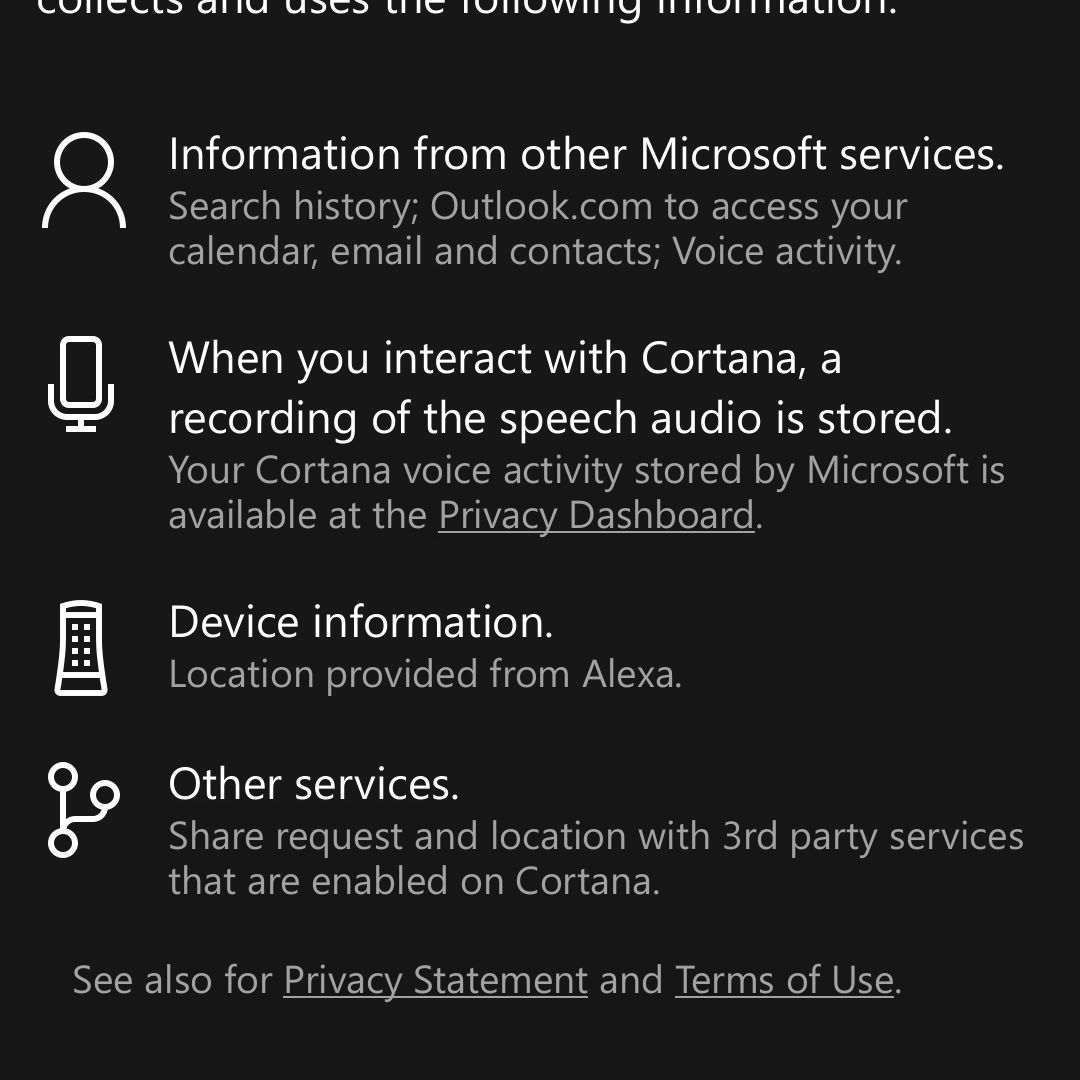 Разрешения Cortana запрашиваются устройством в приложении Android Alexa.