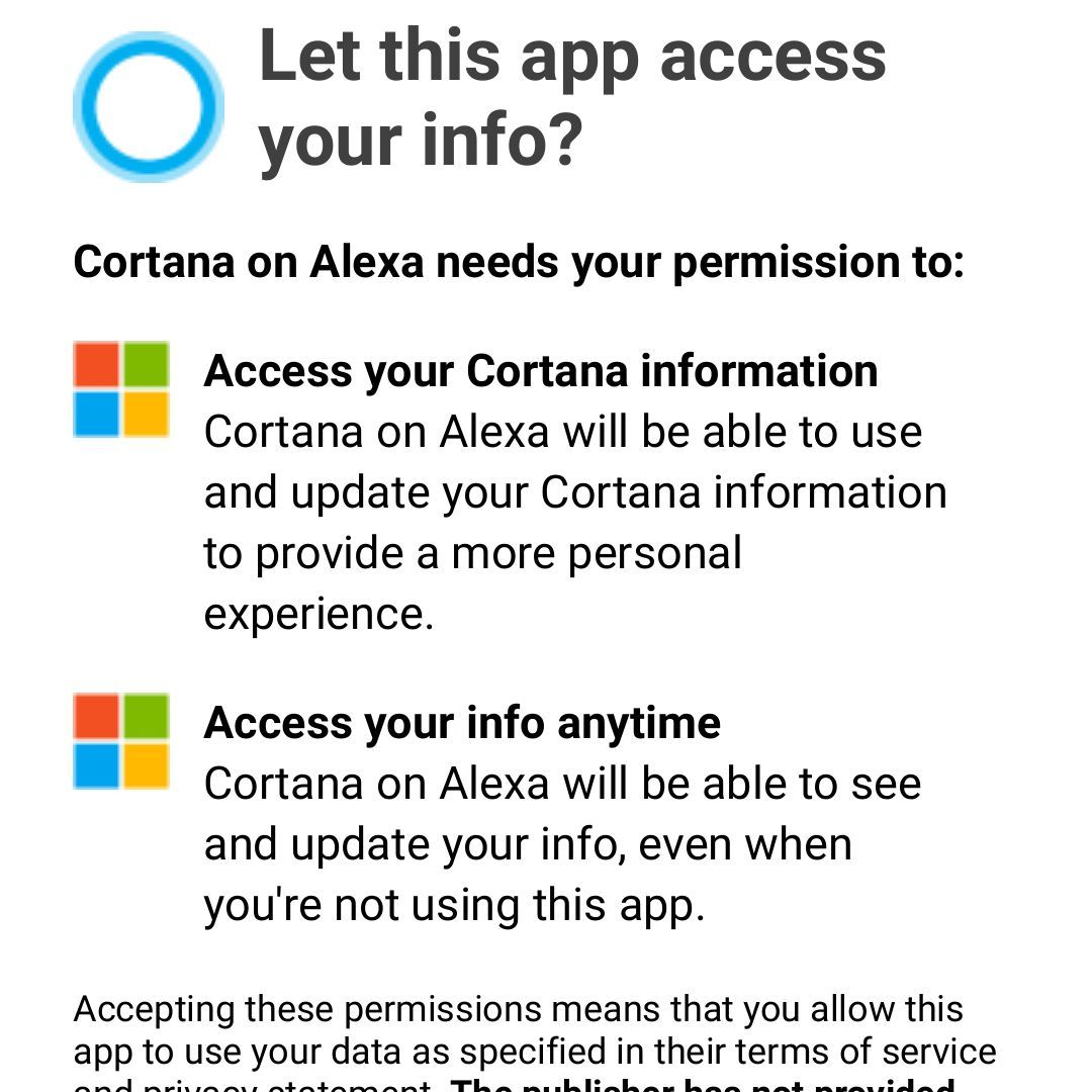 Снимок экрана запроса Cortana о разрешении разрешений Alexa в приложении Alexa Android.