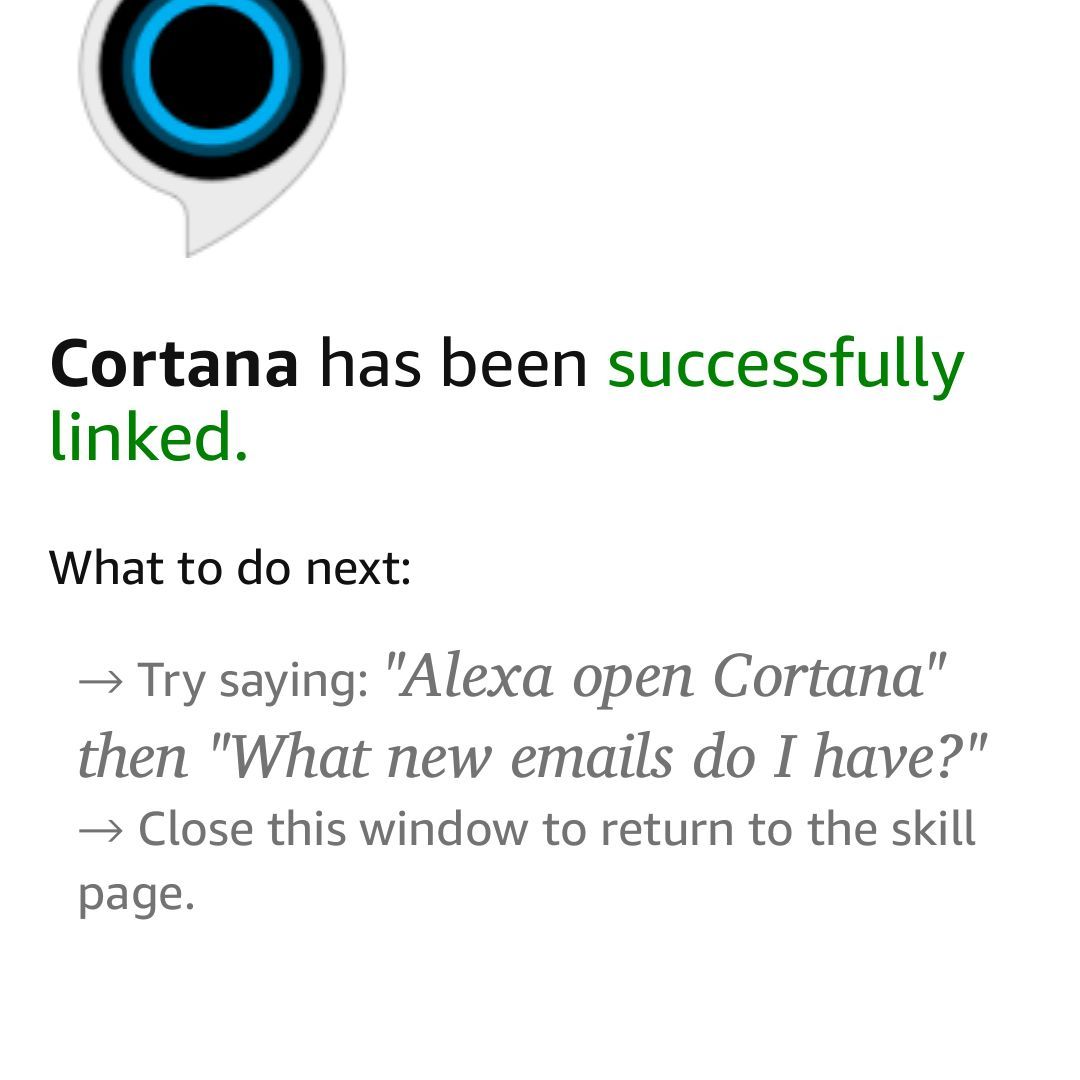 Снимок экрана, на котором показано, что Кортана была успешно связана с Alexa на Android.