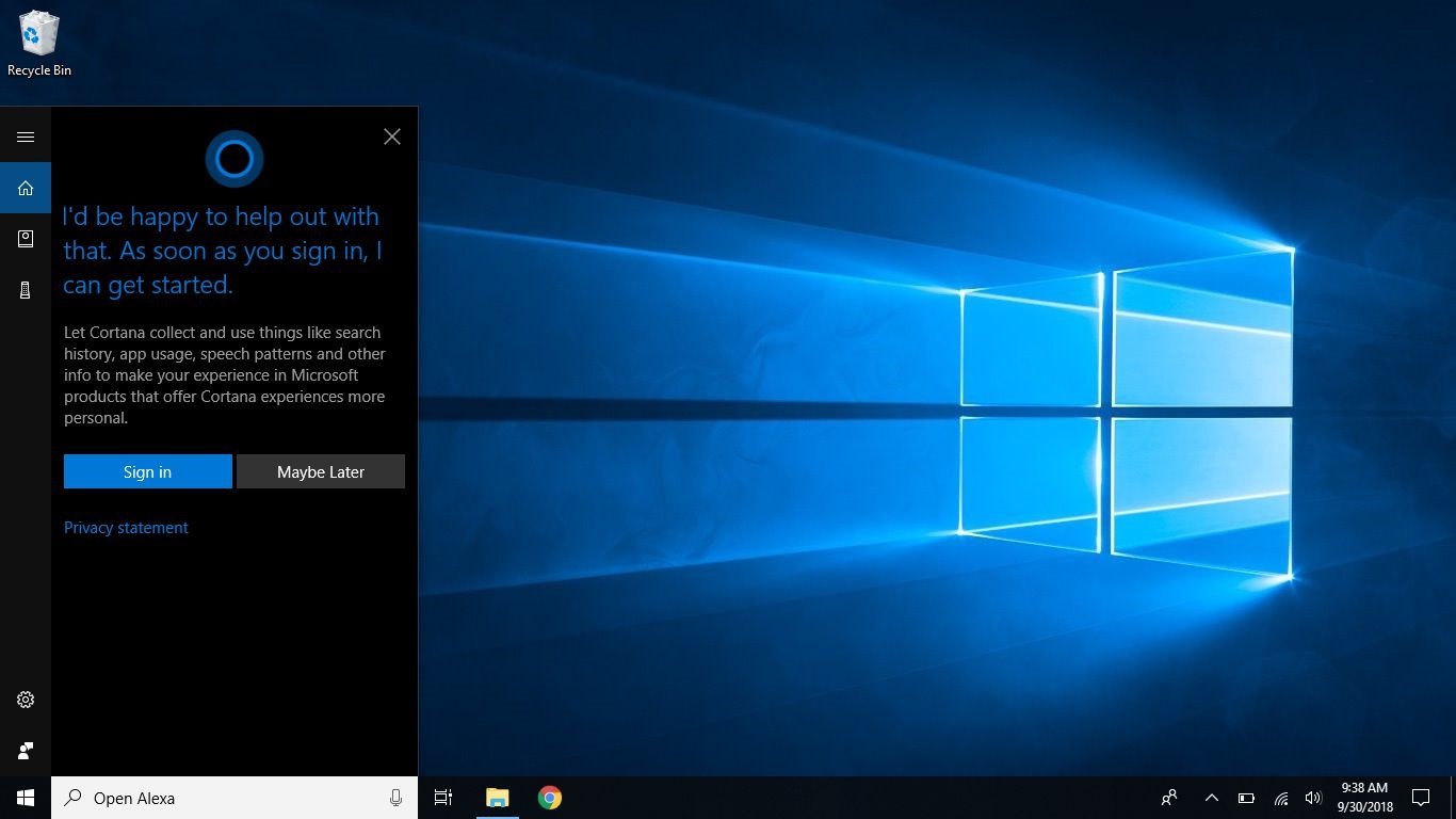 Снимок экрана Windows, показывающий начальный вход Cortana на экране