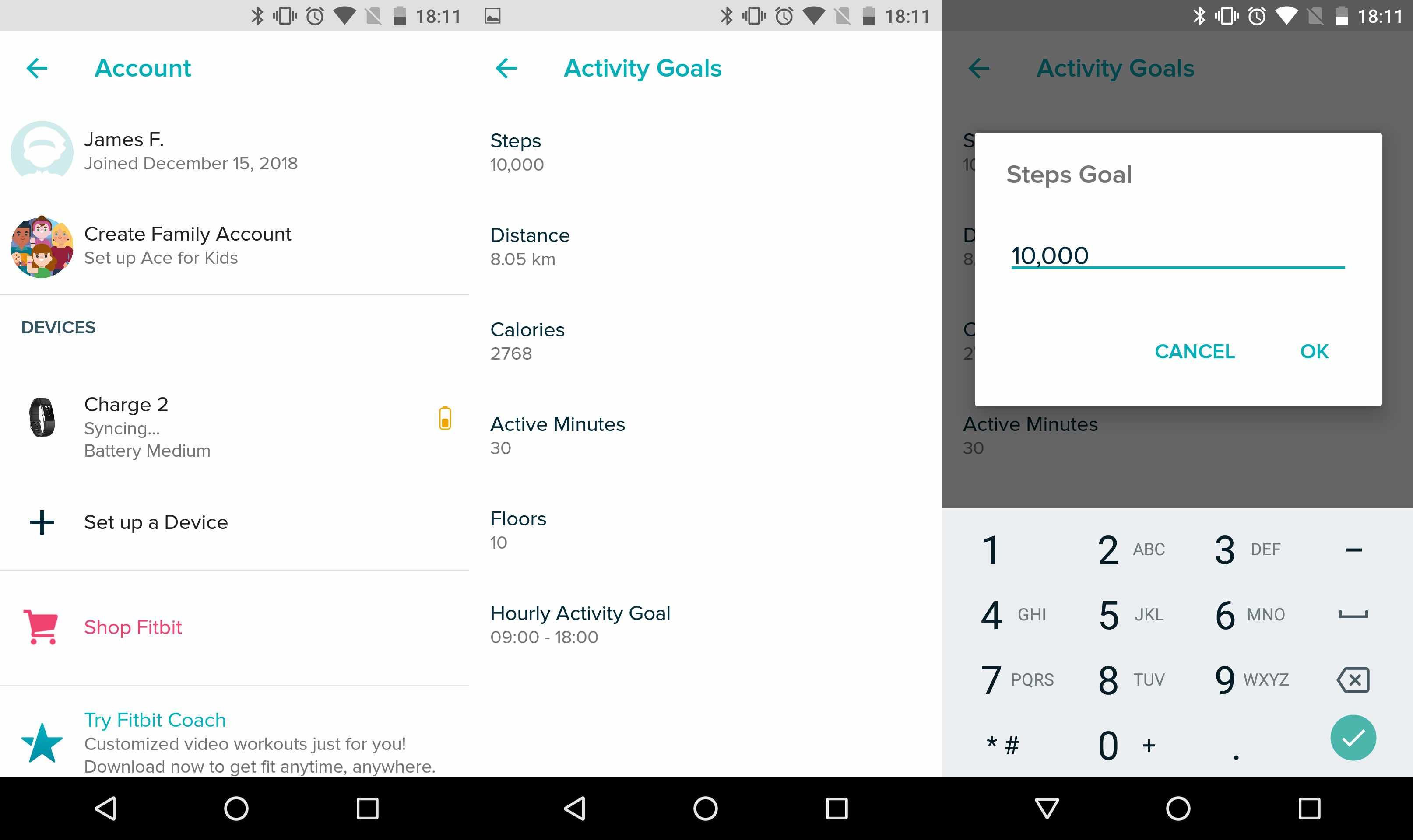 Снимки экрана, показывающие, как установить цель шага в приложении Fitbit для Android.