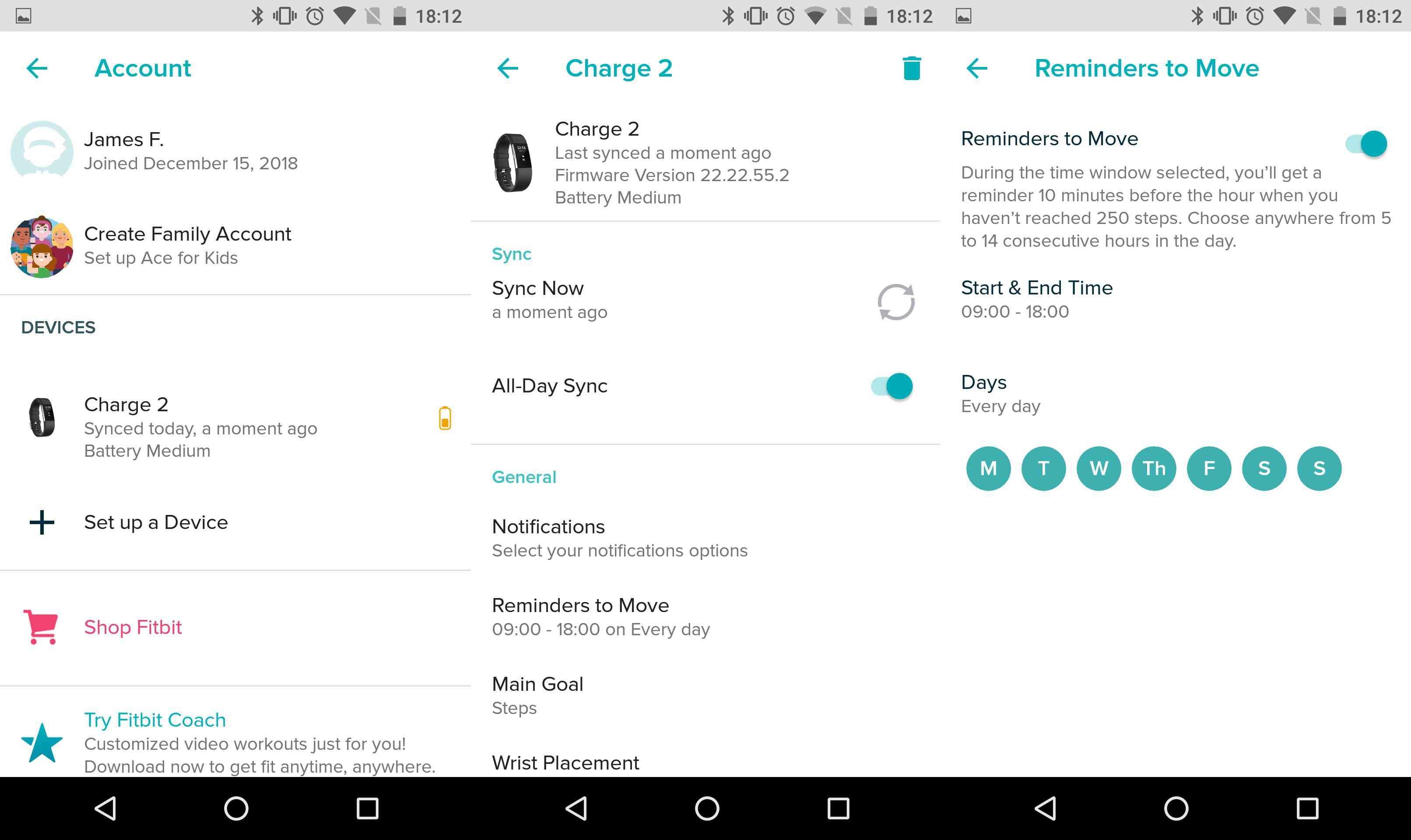 Снимок экрана, показывающий настройку напоминаний для перемещения в приложении Fitbit для Android.