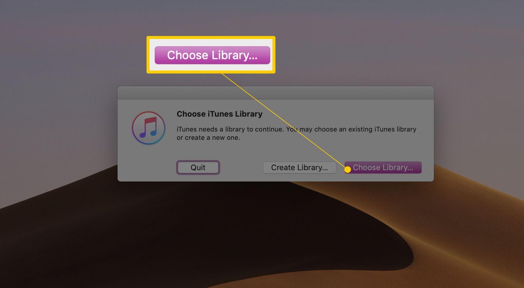 Кнопка «Выбрать библиотеку ...» в диалоговом окне «Выбор библиотеки iTunes»