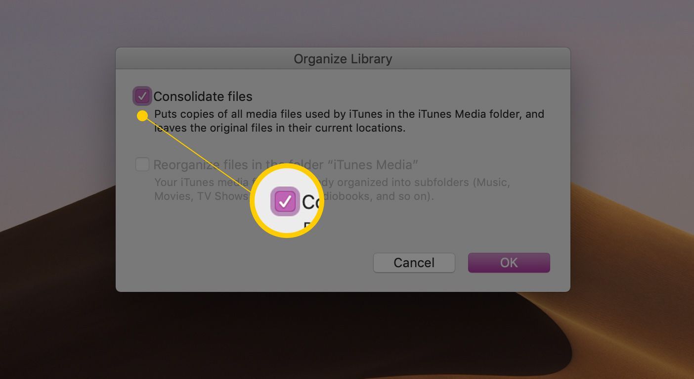 Флажок консолидации файлов в iTunes