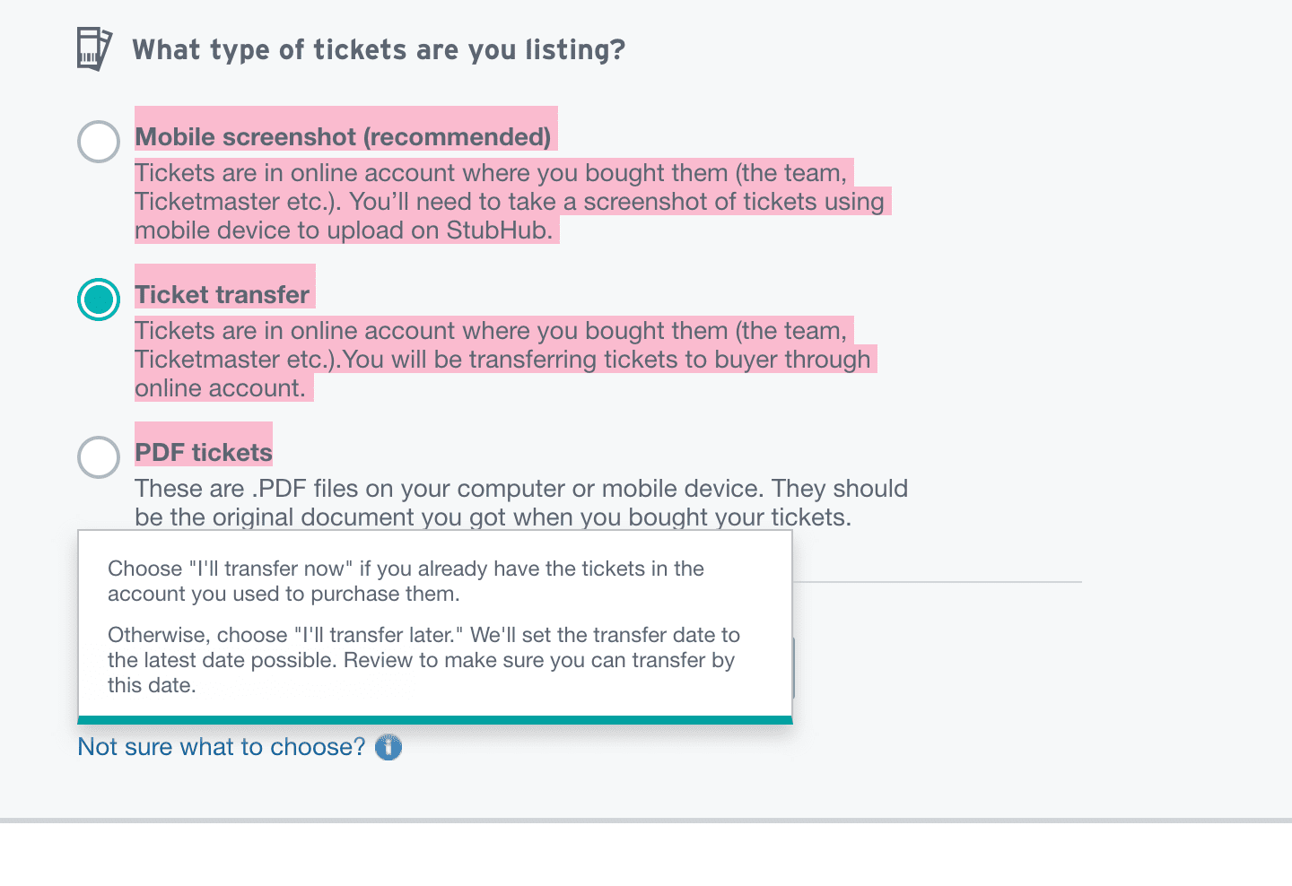 Снимок экрана, показывающий параметр StubHub для выбора типа билетов