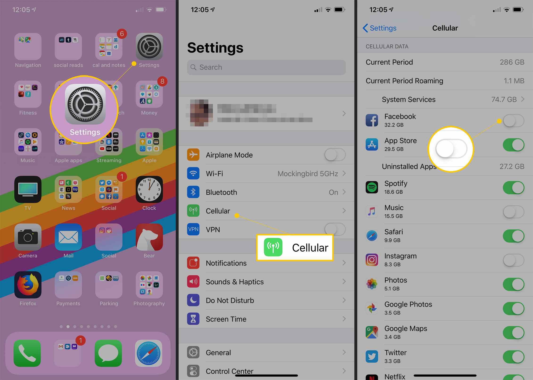 Значок настроек, кнопка «Сотовая связь» и использование сотовой связи в приложении «Настройки iOS» отключены.
