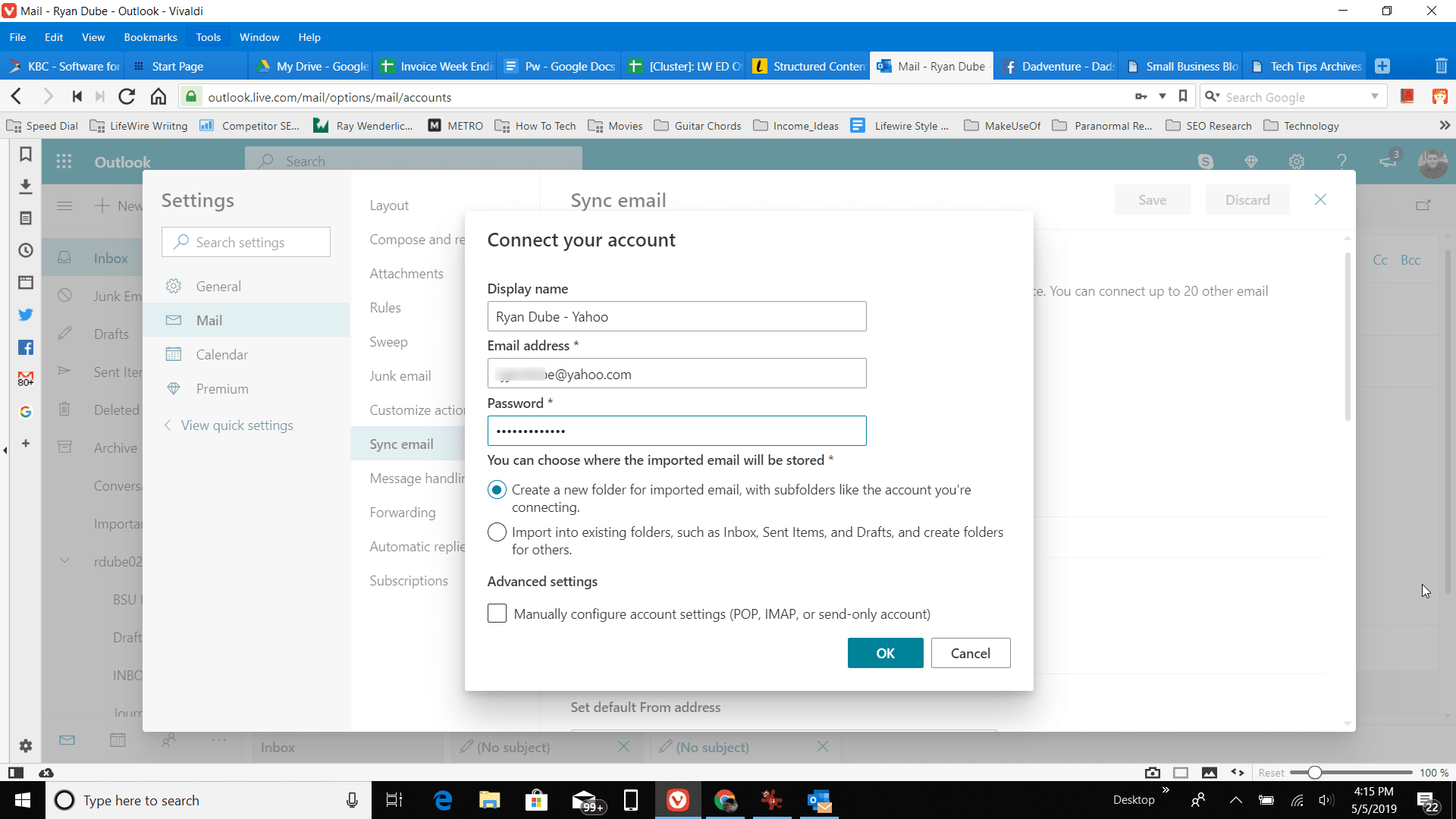 Скриншот подключения вашей учетной записи в Outlook онлайн