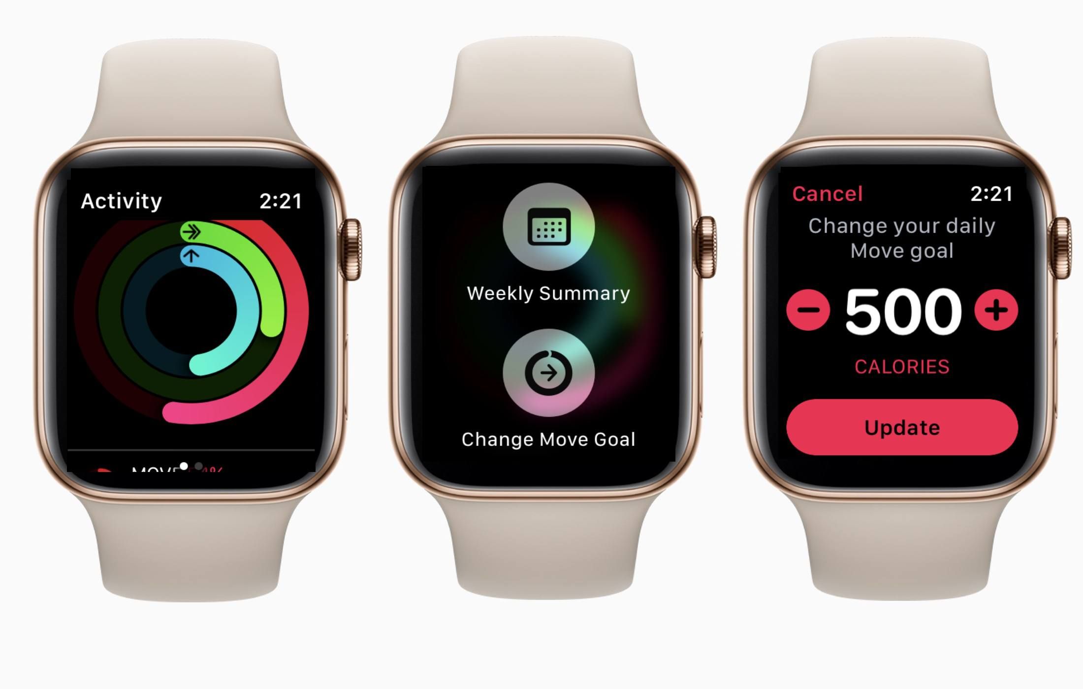 Три вида Apple Watch с приложением «Активность»: «Кольца», «Изменить цель», «Обновить»