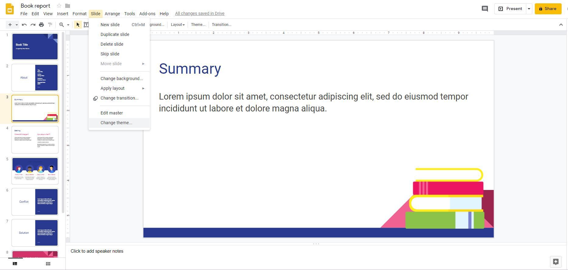 Снимок экрана, показывающий тему изменения в Google Slides