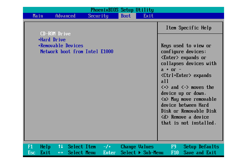 Снимок экрана: меню загрузки программы настройки BIOS