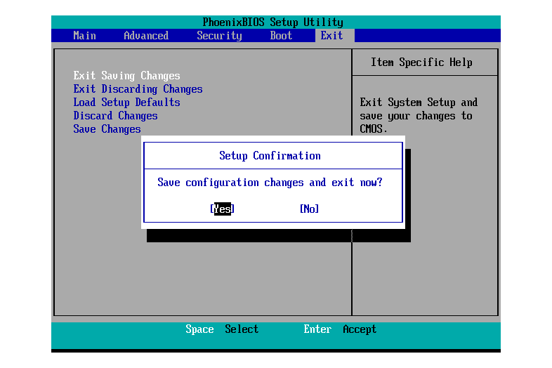 Снимок экрана: утилита настройки BIOS, подтверждение сохранения и выхода