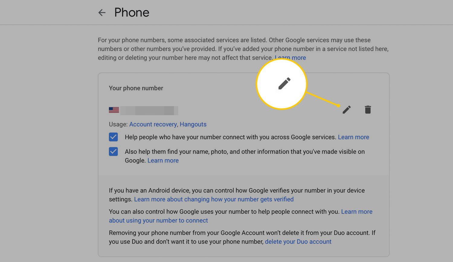 Значок редактирования (карандаш) на экране телефона аккаунта Google