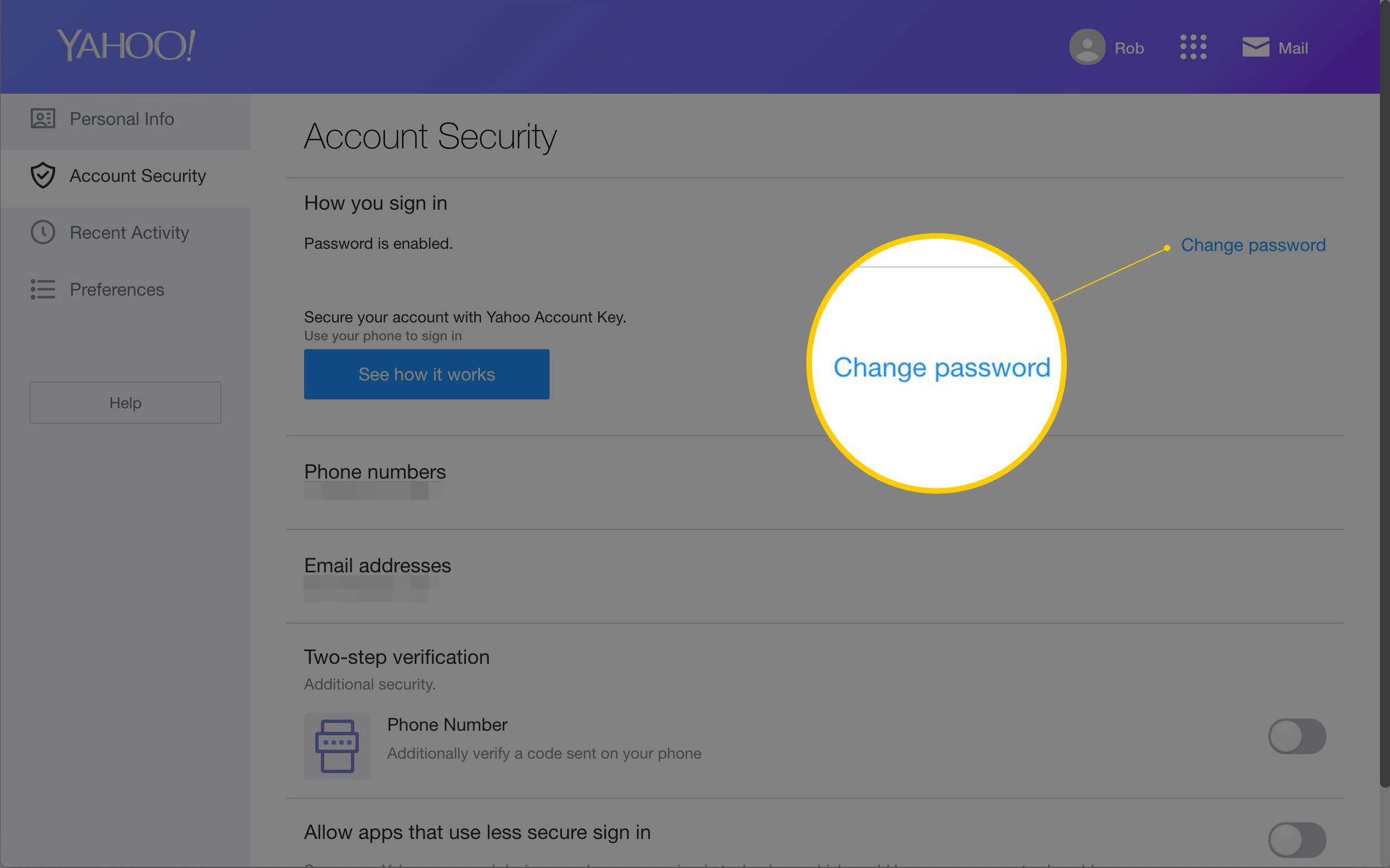 Ссылка для изменения пароля на странице безопасности учетной записи Yahoo Mail