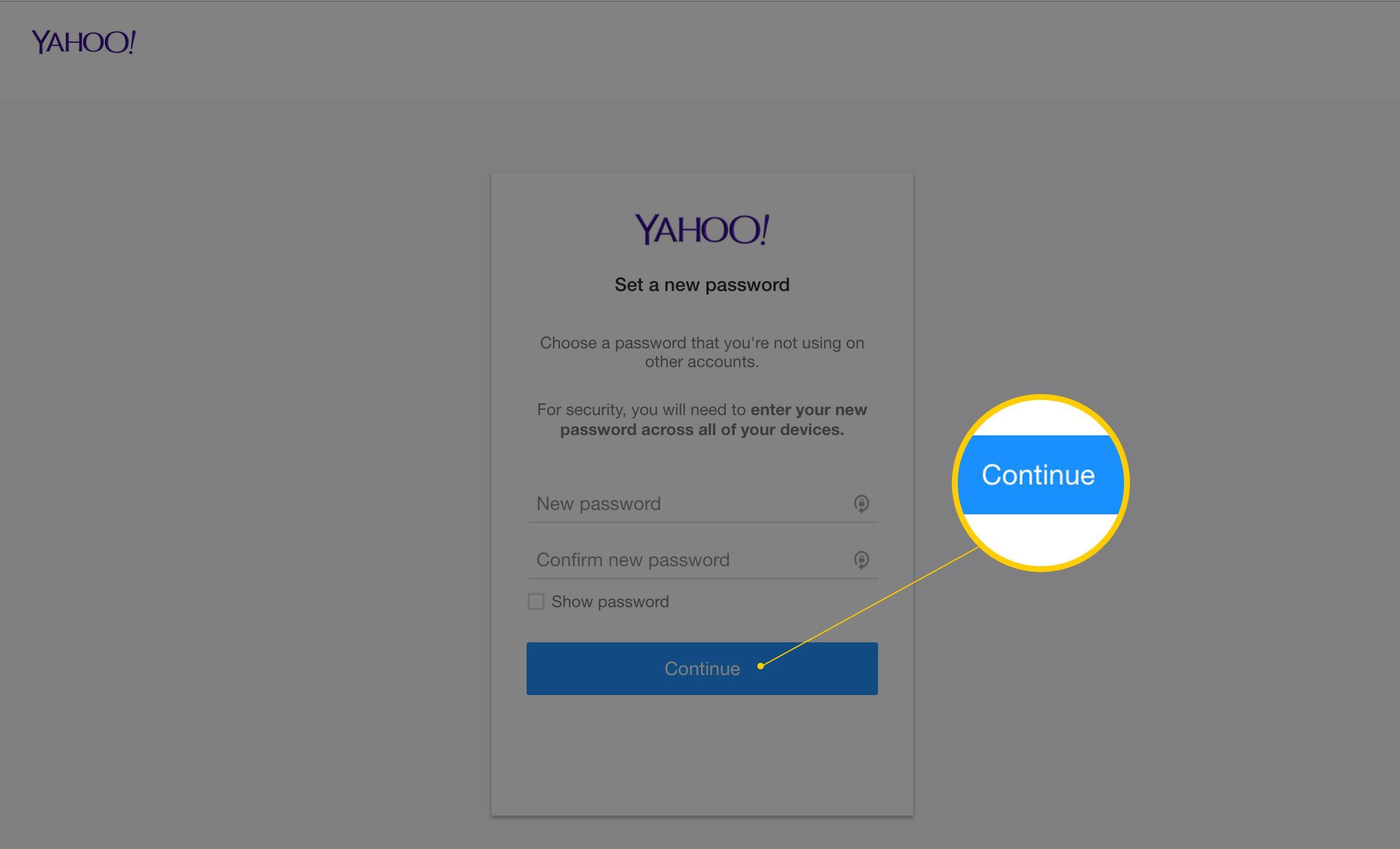 Кнопка «Продолжить» на странице «Установка нового пароля для почты Yahoo»