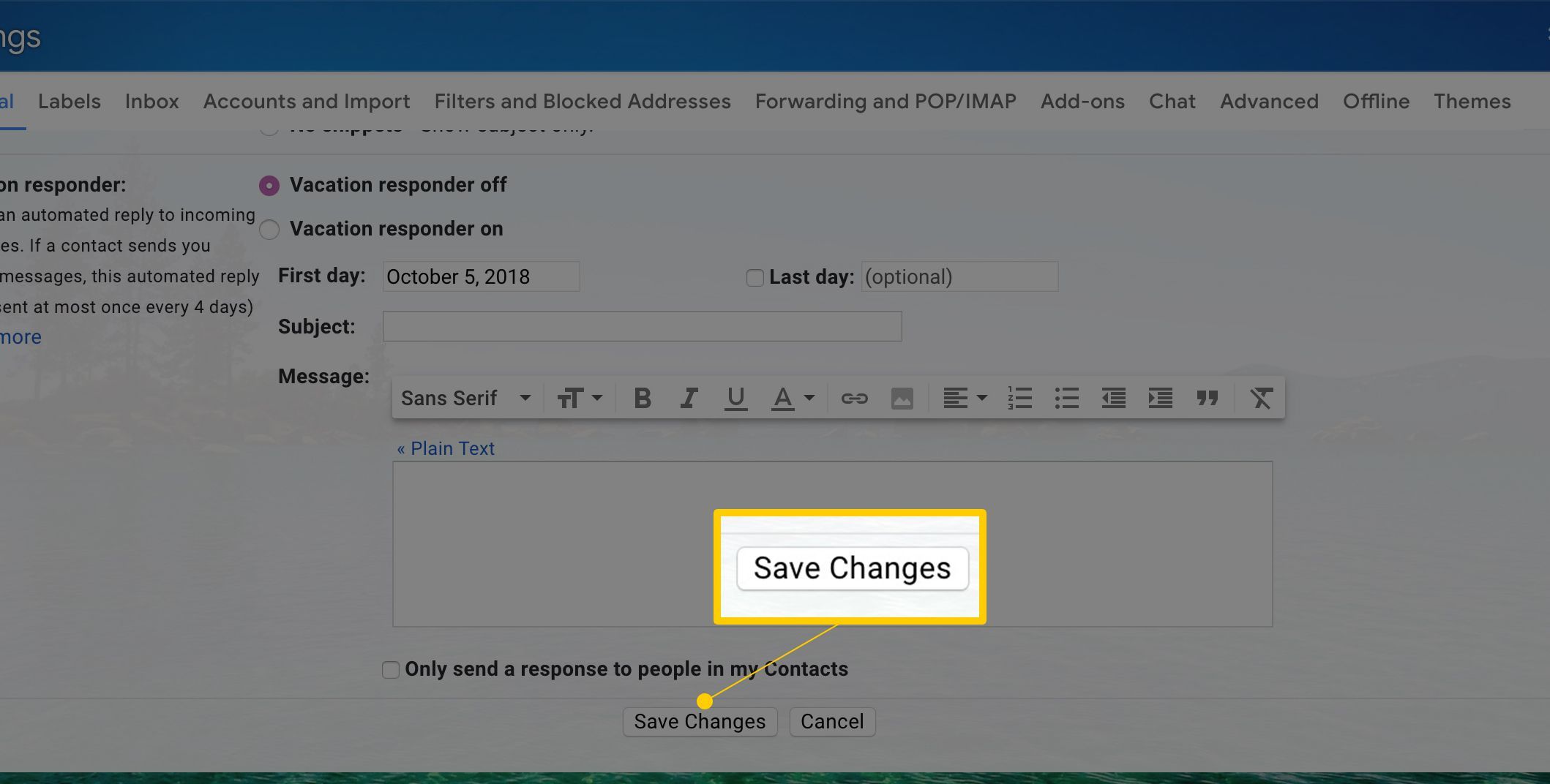 Кнопка Сохранить изменения в настройках Gmail