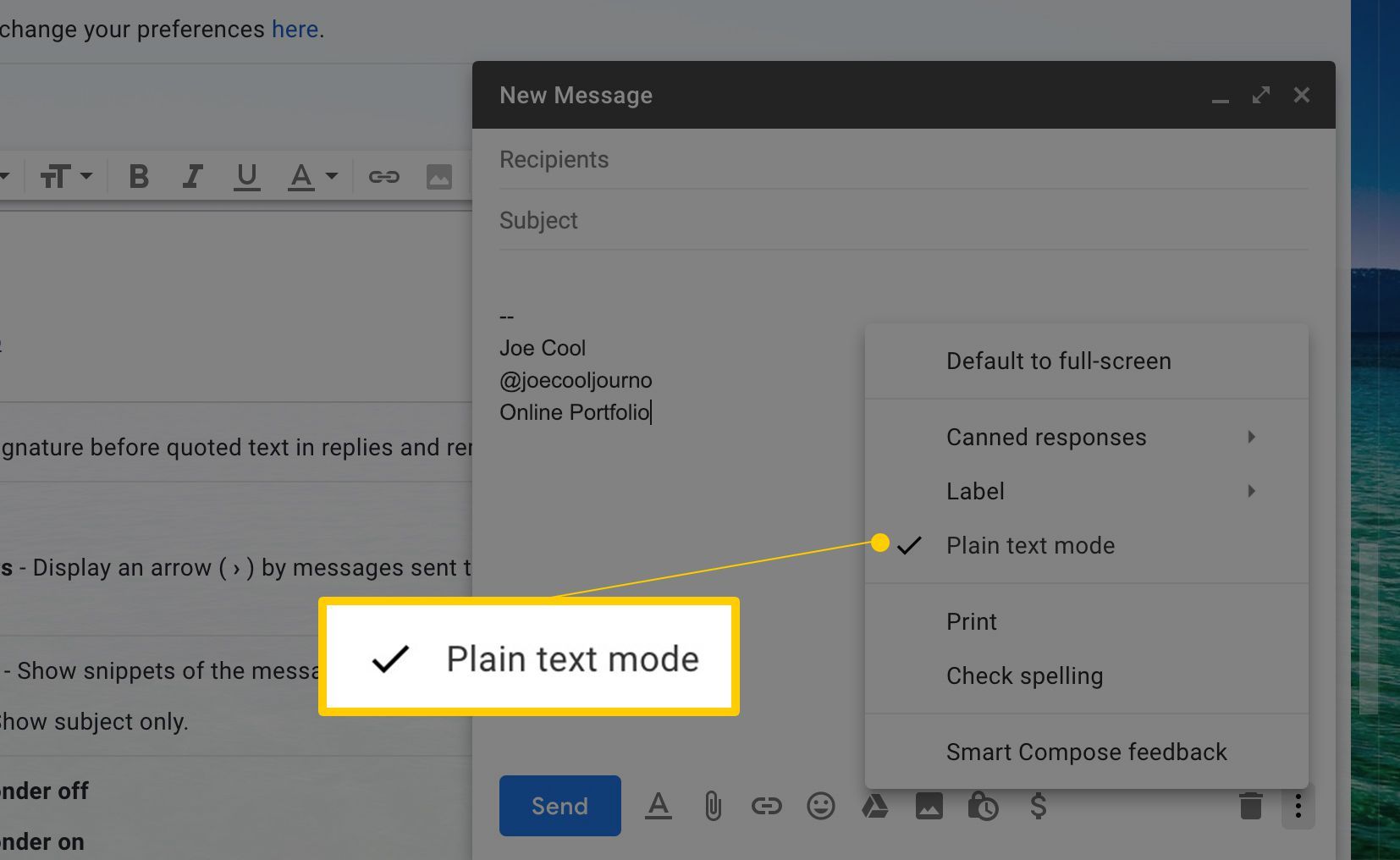 Галочка в режиме обычного текста в разделе Дополнительные параметры в окне создания нового сообщения для Gmail
