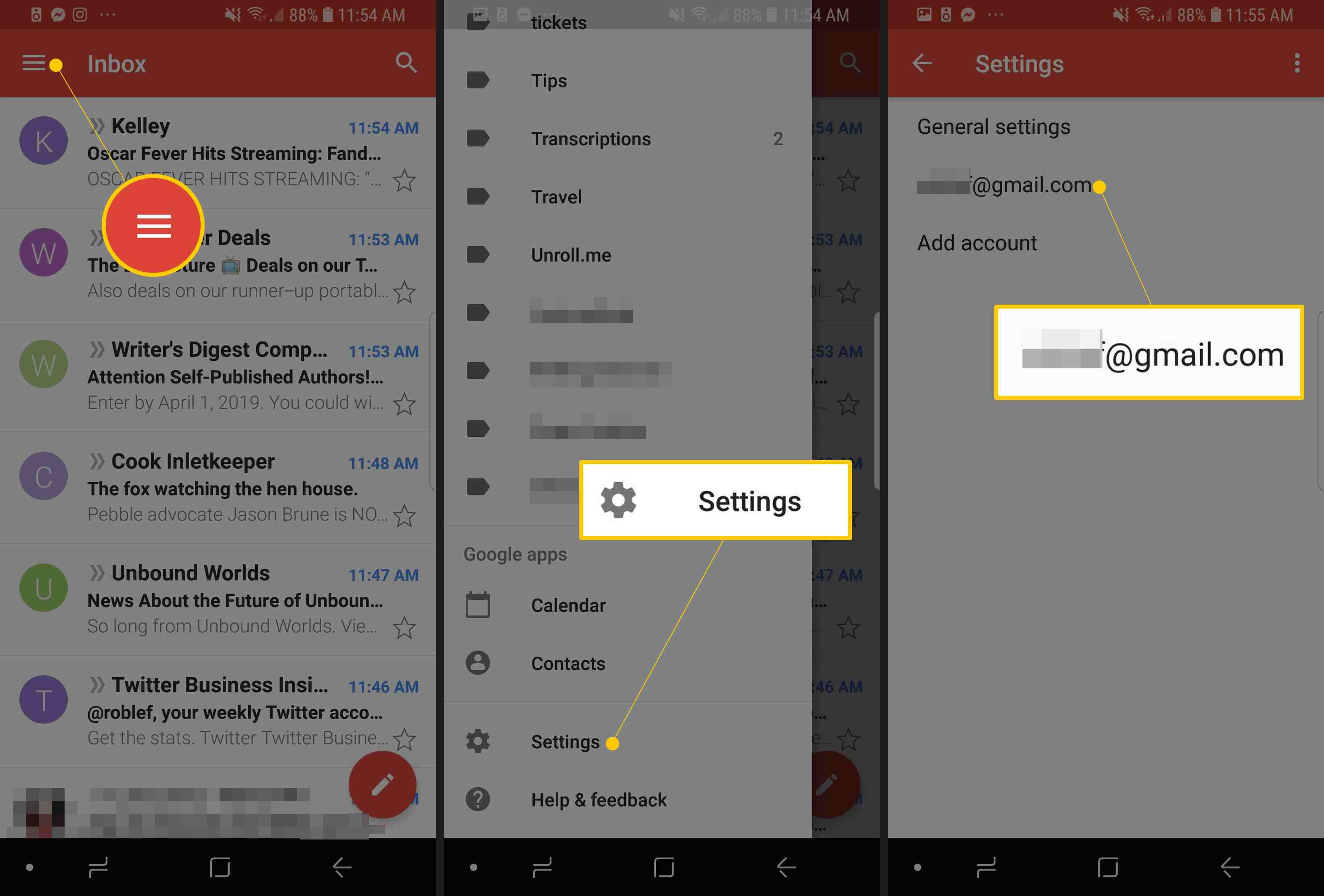 Три экрана Android с кнопкой «Меню», «Настройки» и учетной записью Gmail для редактирования