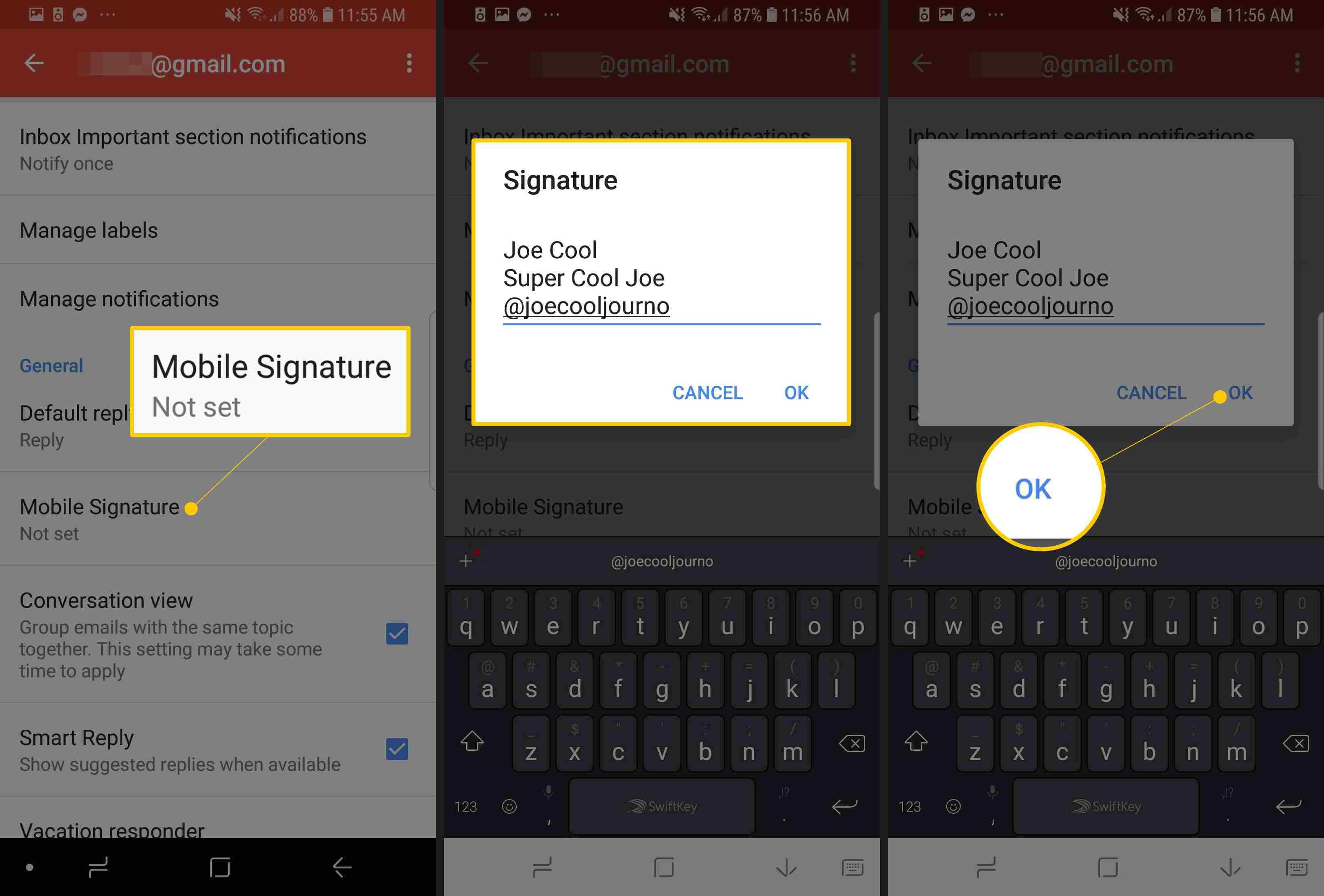 Три экрана Android, на которых отображаются кнопка «Мобильная подпись», поле «Подпись» и кнопка «ОК»