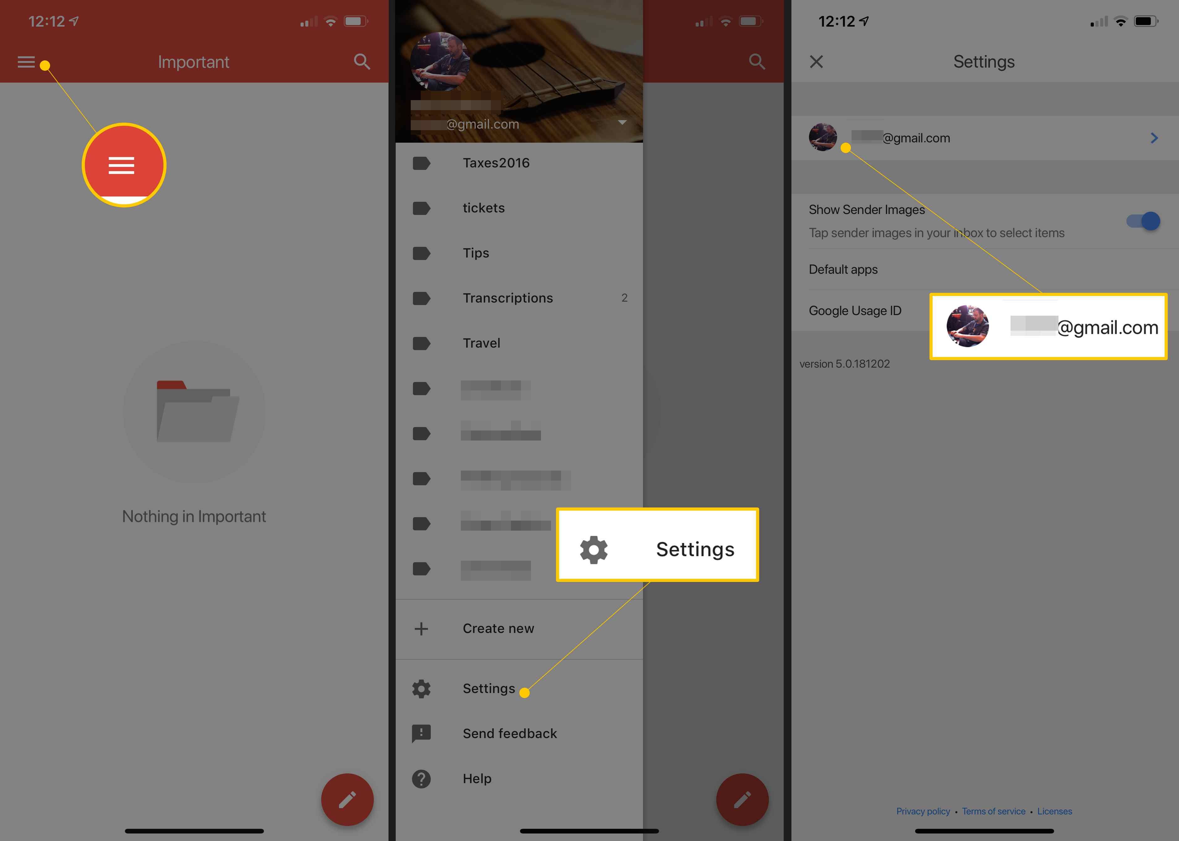 Три экрана iOS Gmail с кнопками меню, настроек и учетной записи