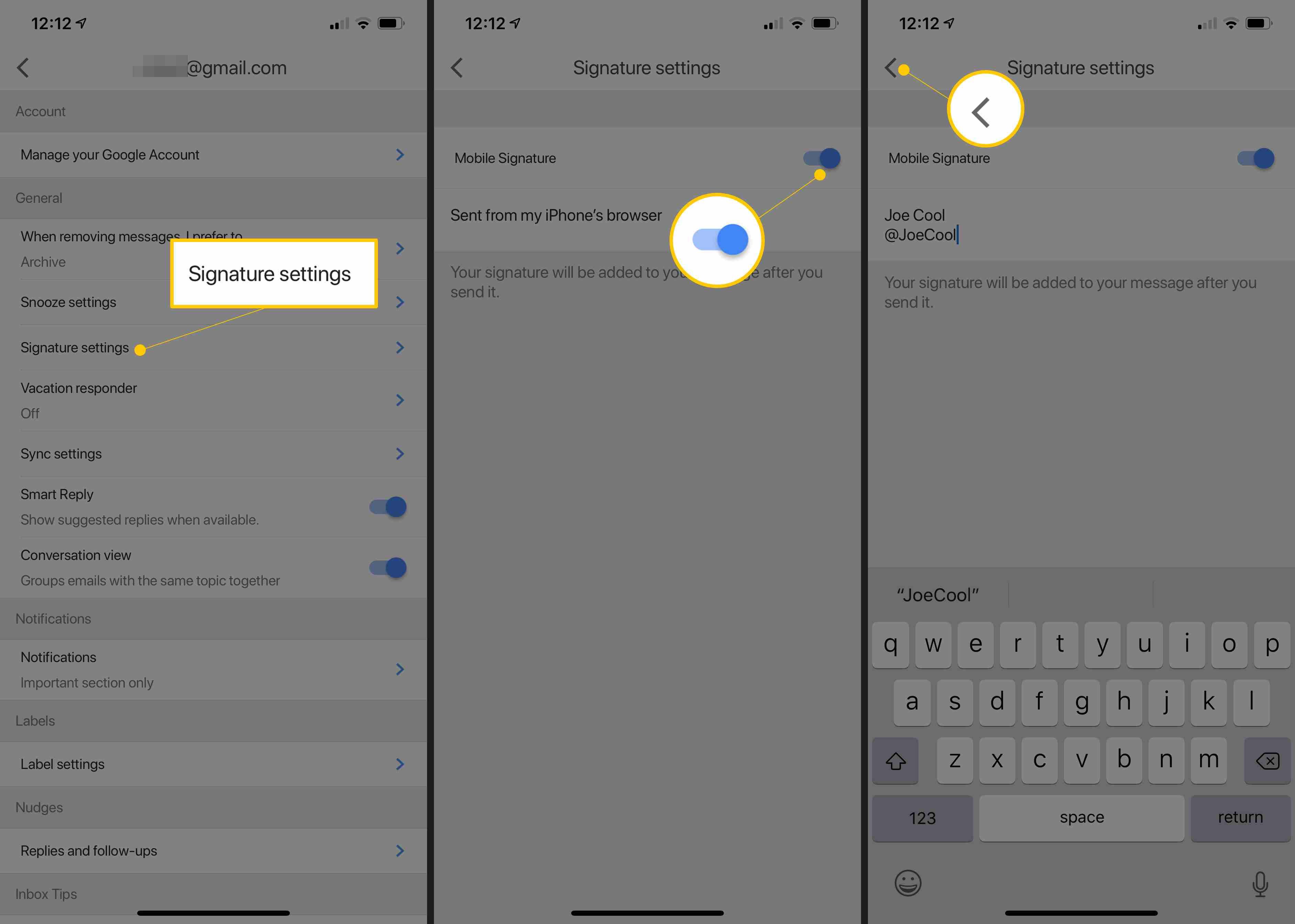 Три экрана iOS, на которых отображаются параметры подписи, переключатель мобильной подписи и кнопка «Назад»