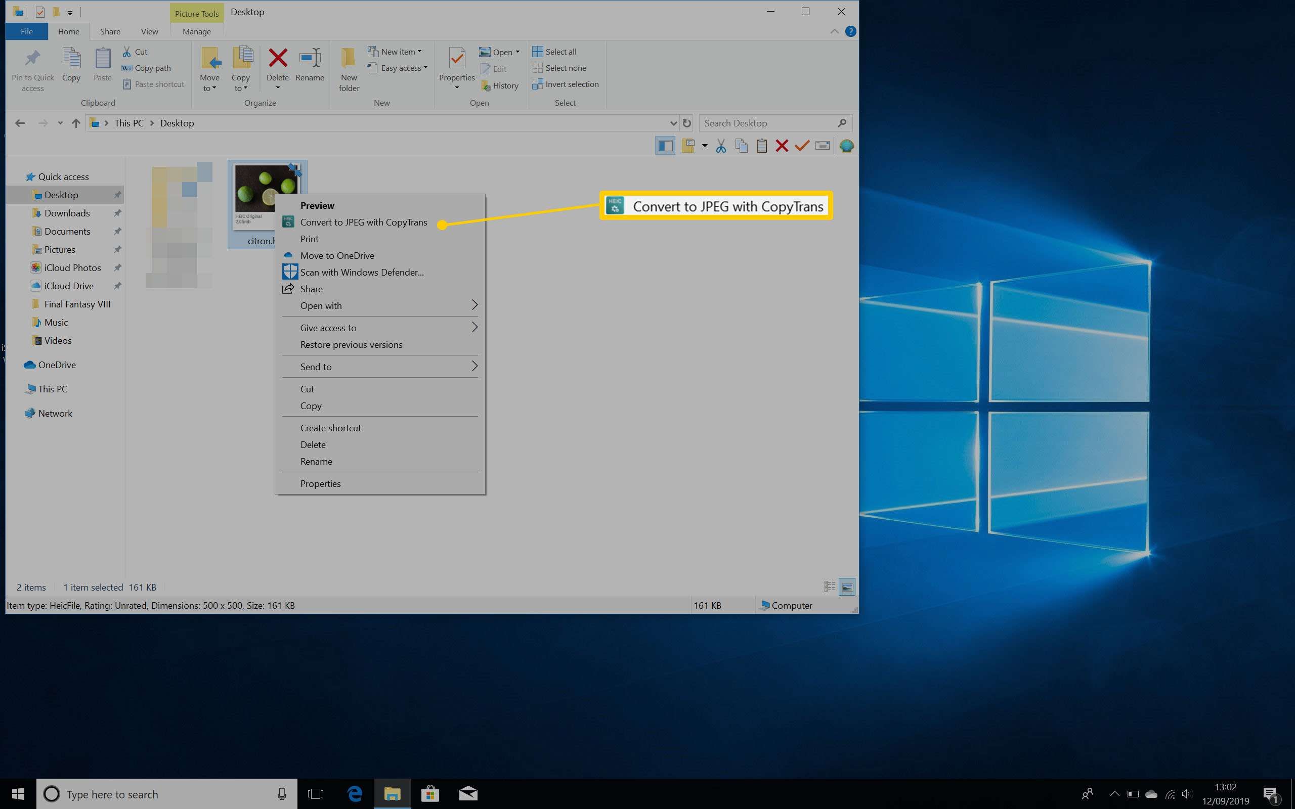 Рабочий стол Windows 10 с выделенным контекстным меню и отображением «Преобразовать в JPEG с помощью CopyTrans»
