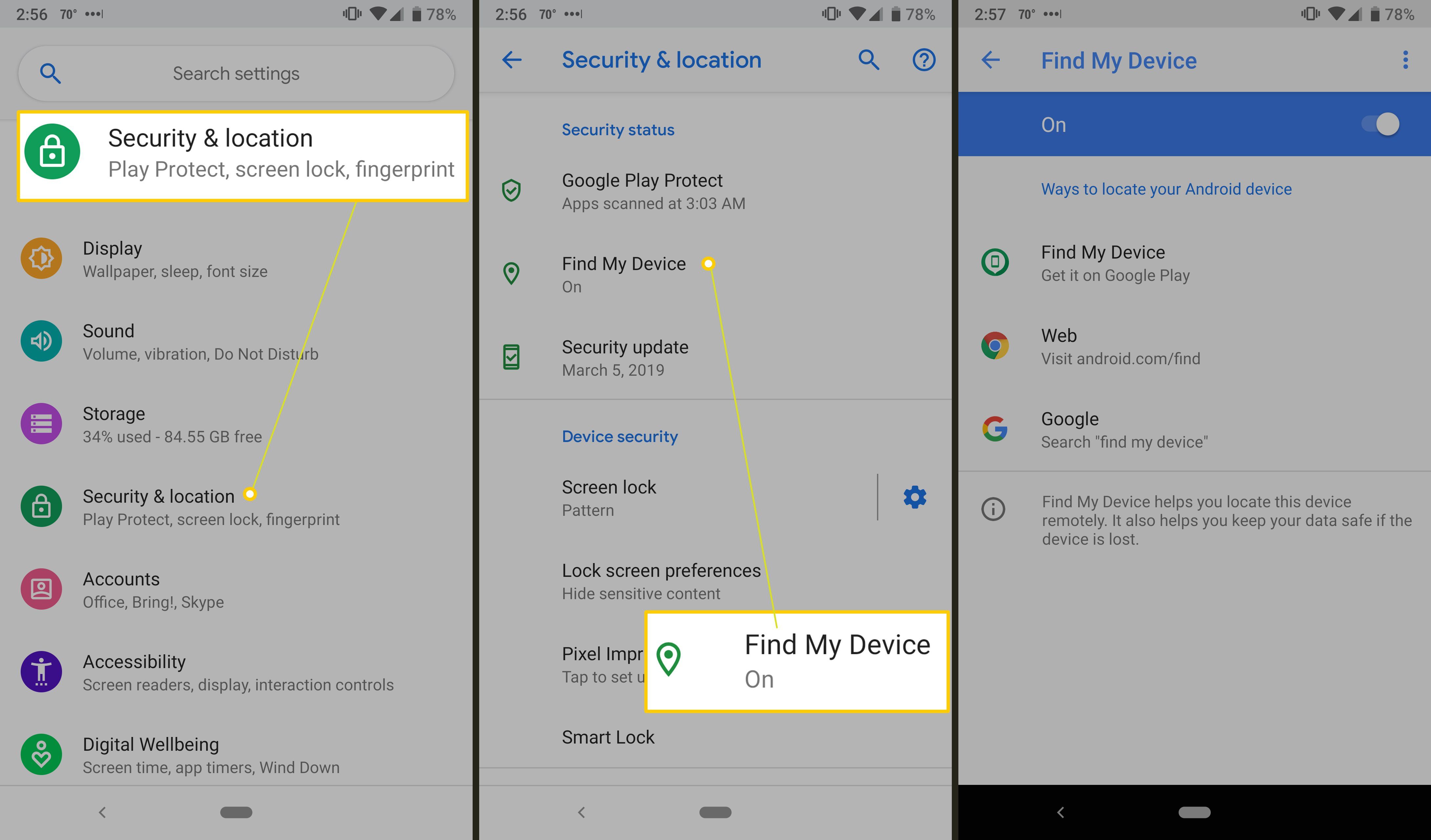 Настройки безопасности и местоположения Android.