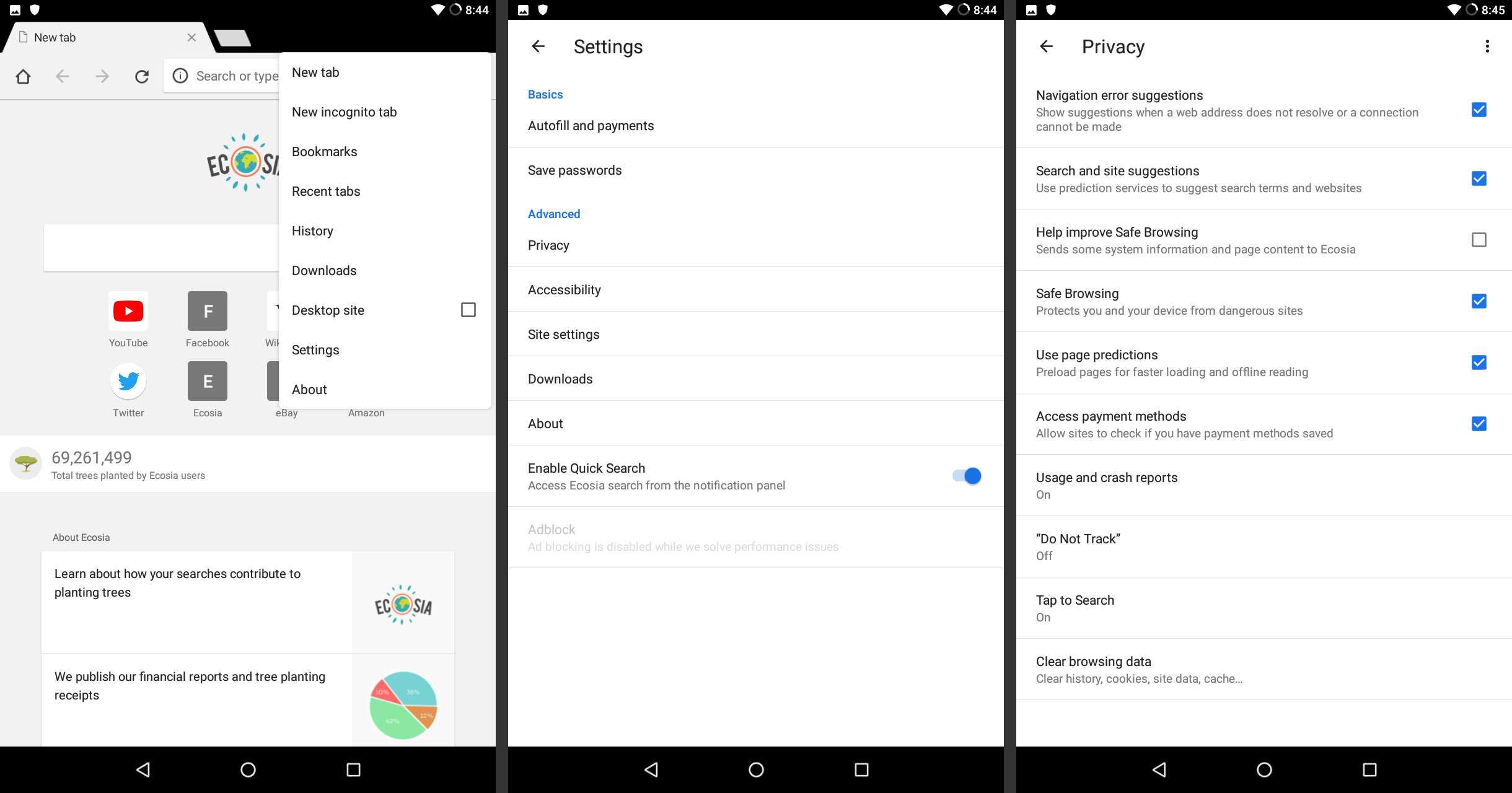 Настройки Android Ecosia