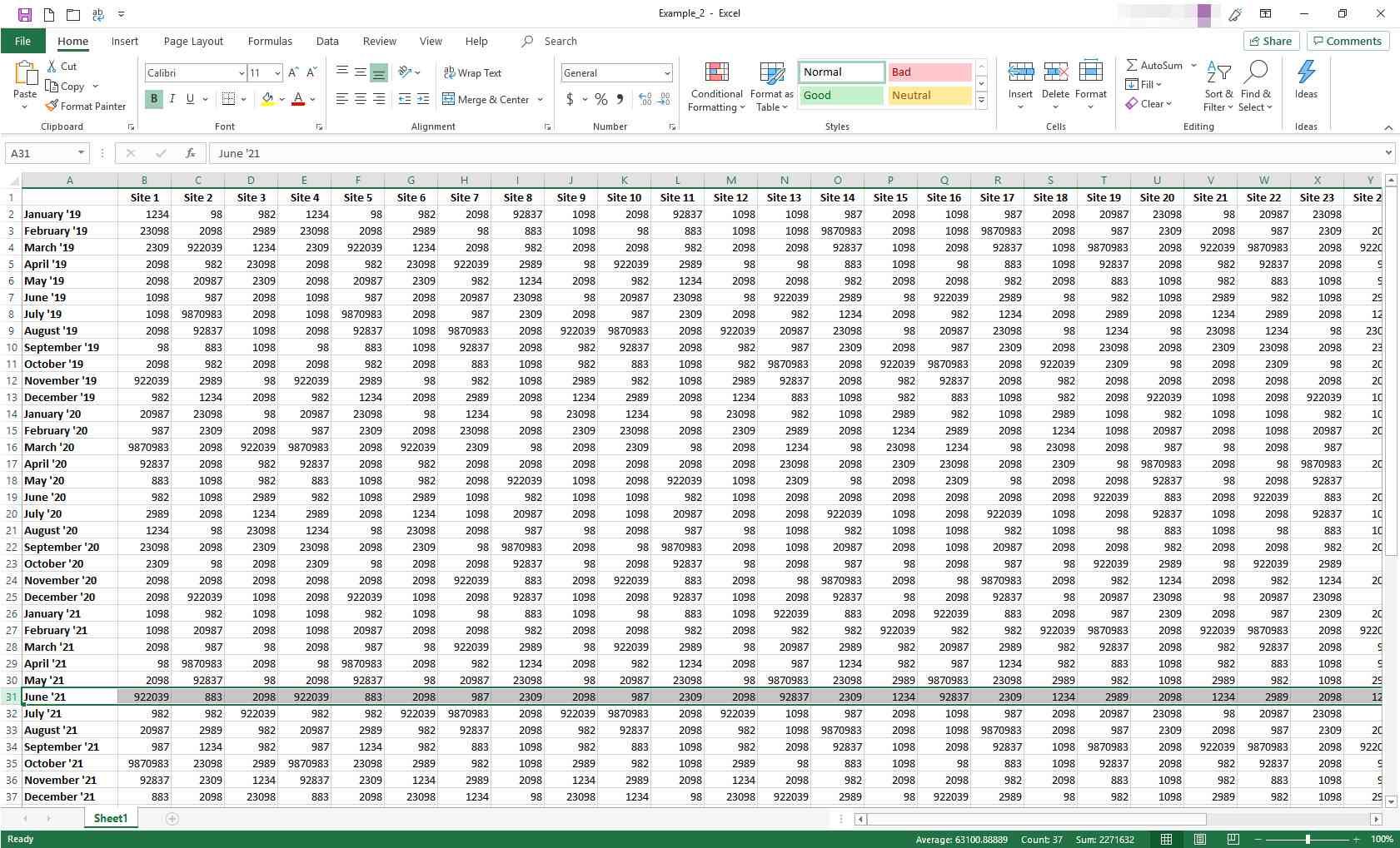 Лист Excel с одной выбранной строкой