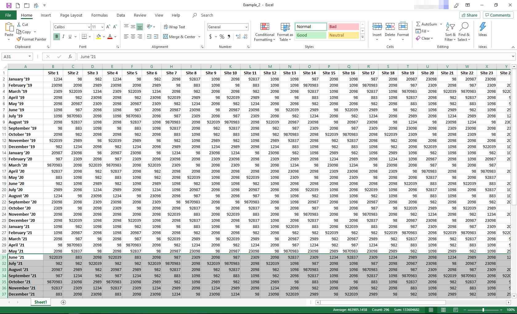 Excel с выбранными строками 31 и ниже