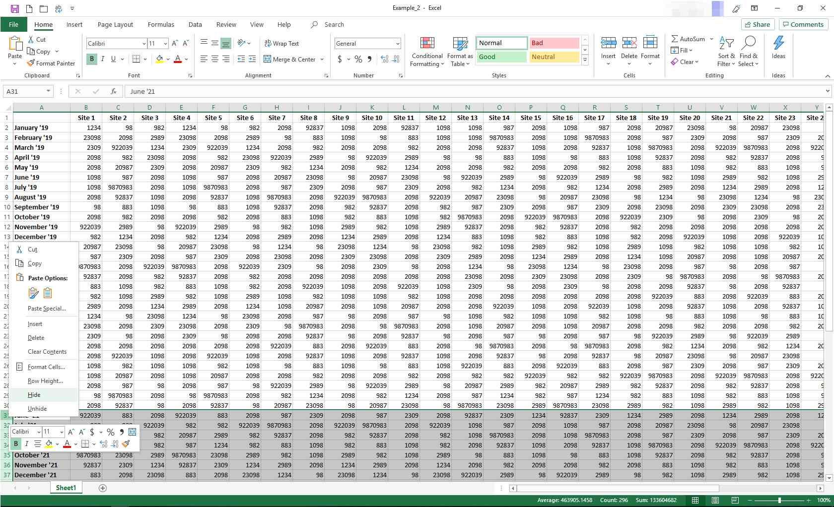 Excel с отображением контекстного меню