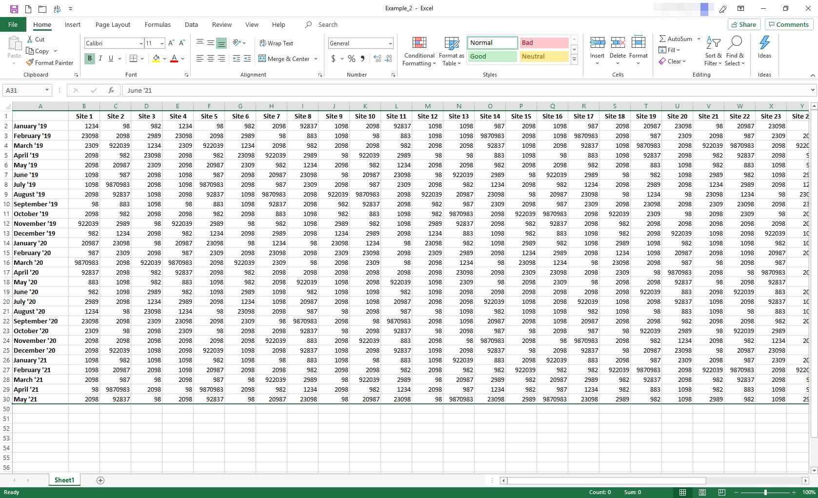 Лист Excel с ограниченным количеством отображаемых строк
