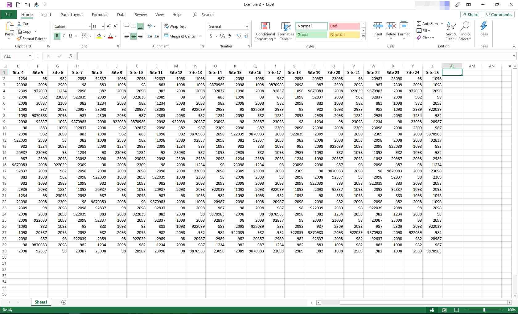 Лист Excel со скрытыми столбцами