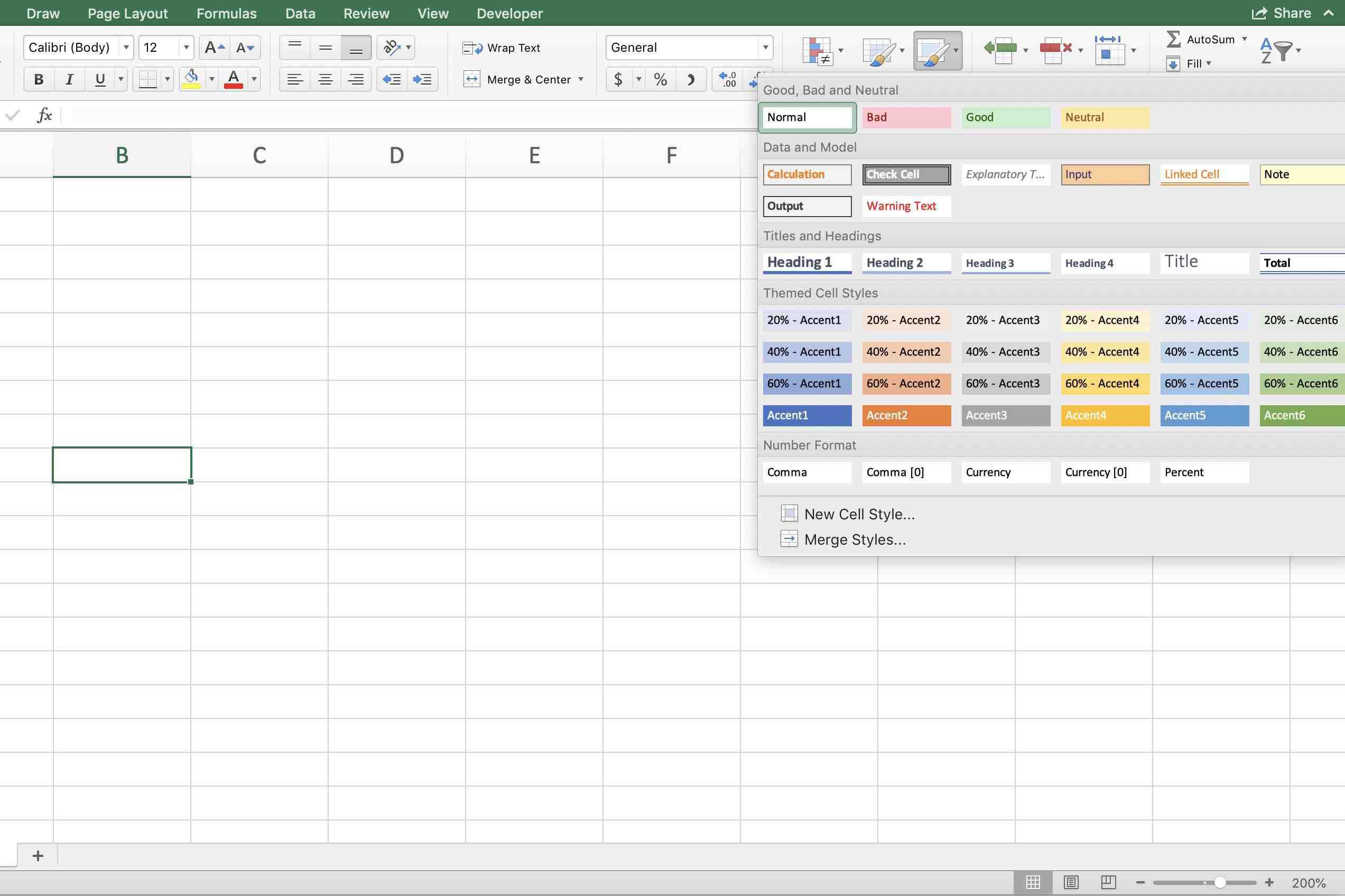 Снимок экрана Excel, показывающий галерею стилей ячеек
