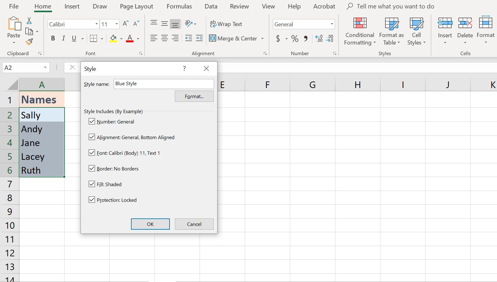Новое диалоговое окно стиля ячейки в Excel.