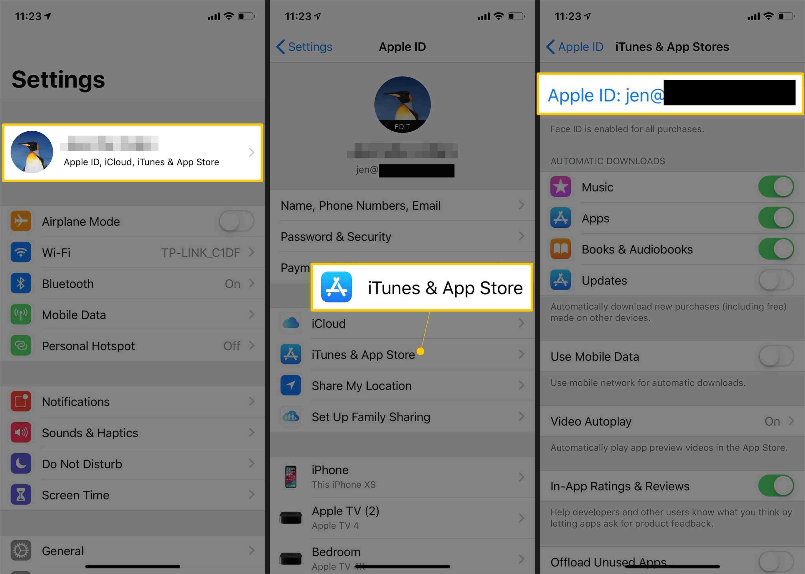 Имя, iTunes & Ap Store, кнопки Apple ID в настройках iOS