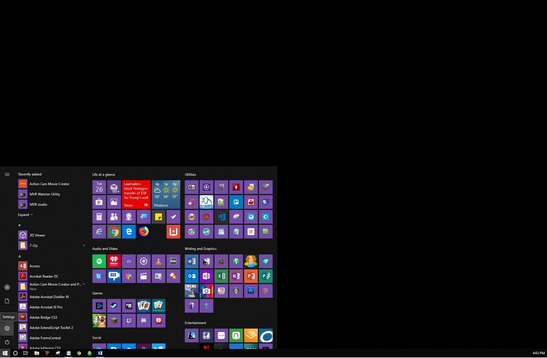 Открытие меню приложения в Windows 10.
