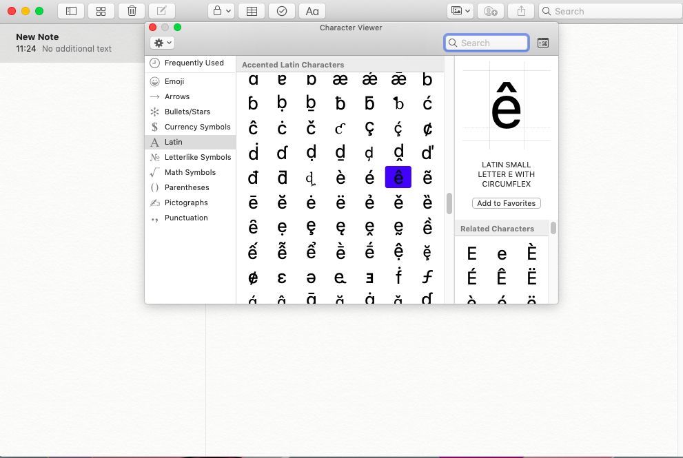 Список ударных букв в средстве просмотра символов в MacOS