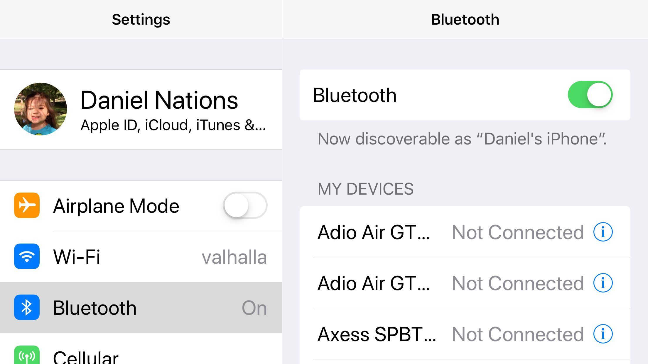 Скриншот настроек Bluetooth для iPhone