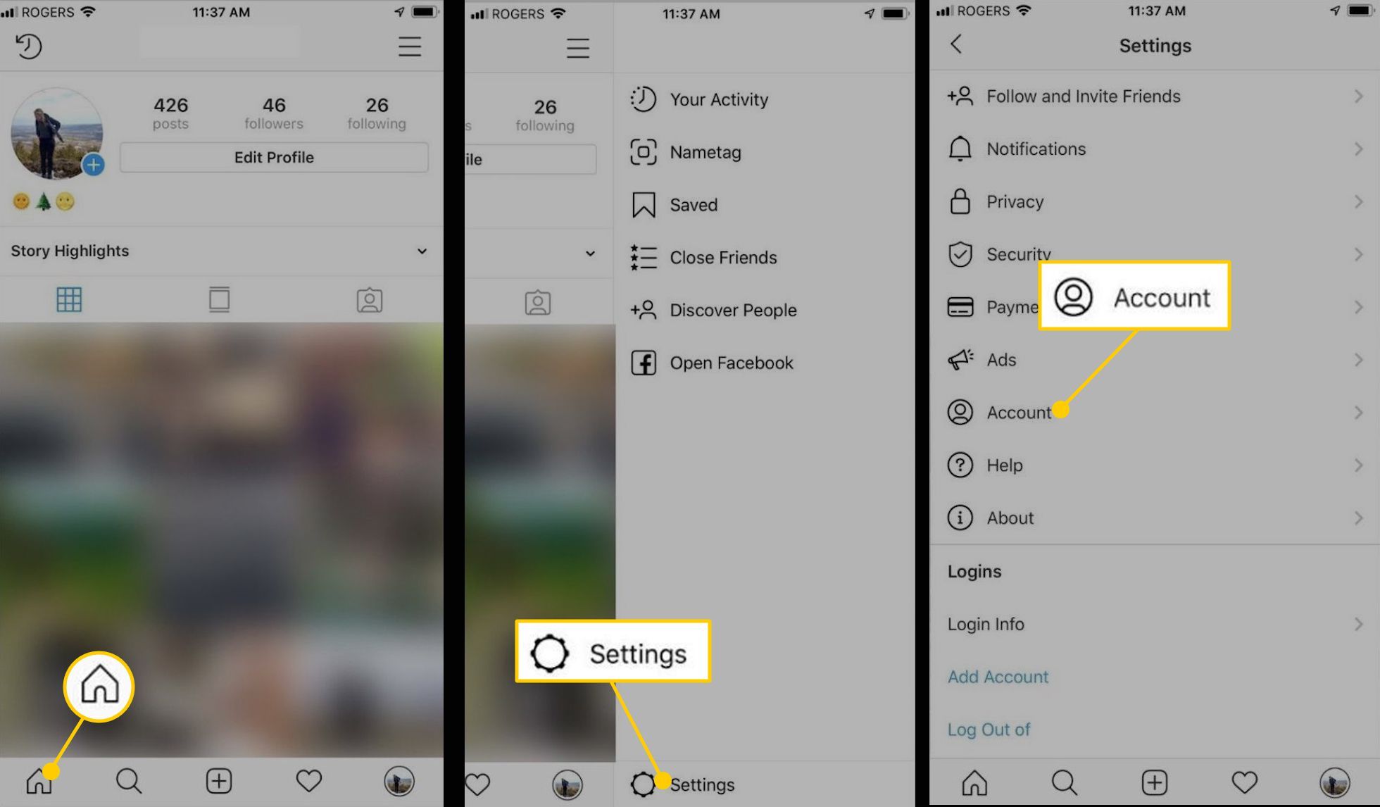 Снимки экрана, показывающие, как получить доступ к настройкам учетной записи Instagram.