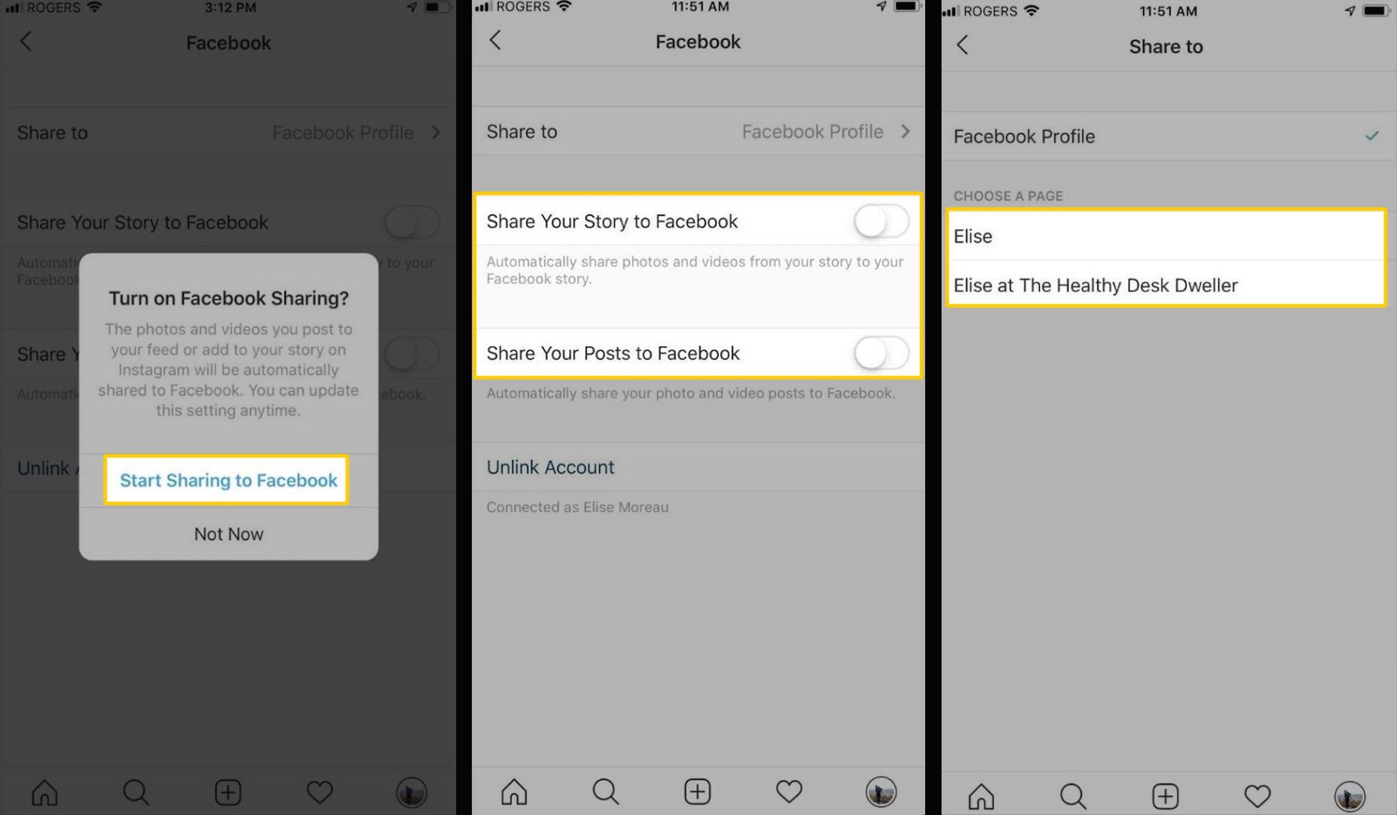 Снимки экрана, на которых показано, как выбрать параметры для обмена историями из Instagram на Facebook.