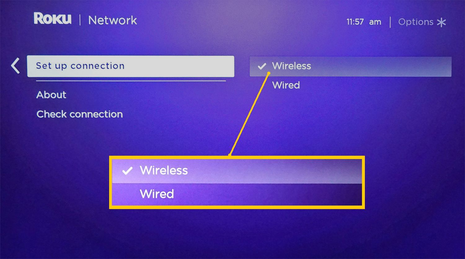 Roku Wi-Fi Set-Up: выберите Проводной или Беспроводной.