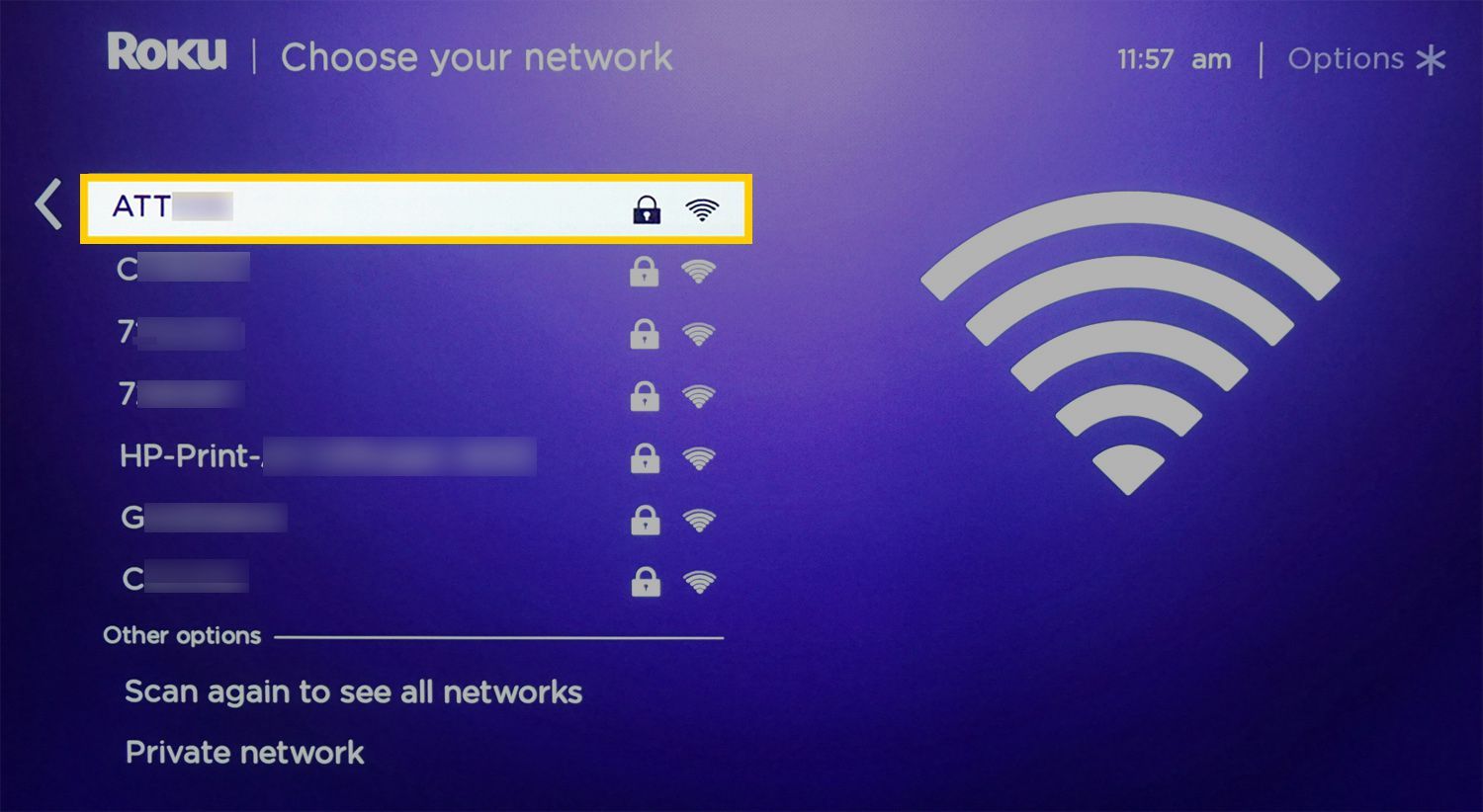 Roku Wi-Fi Set-Up: выберите экран вашей сети.